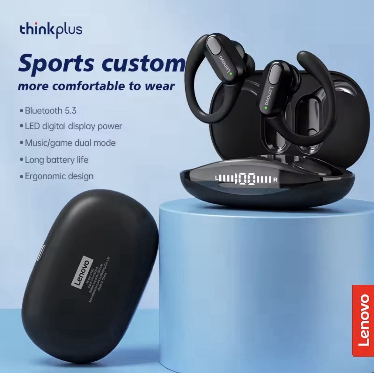 Lenovo thinkplus Bluetooth 5.3 Ear-Hook Wireless Earbuds LED Case Black