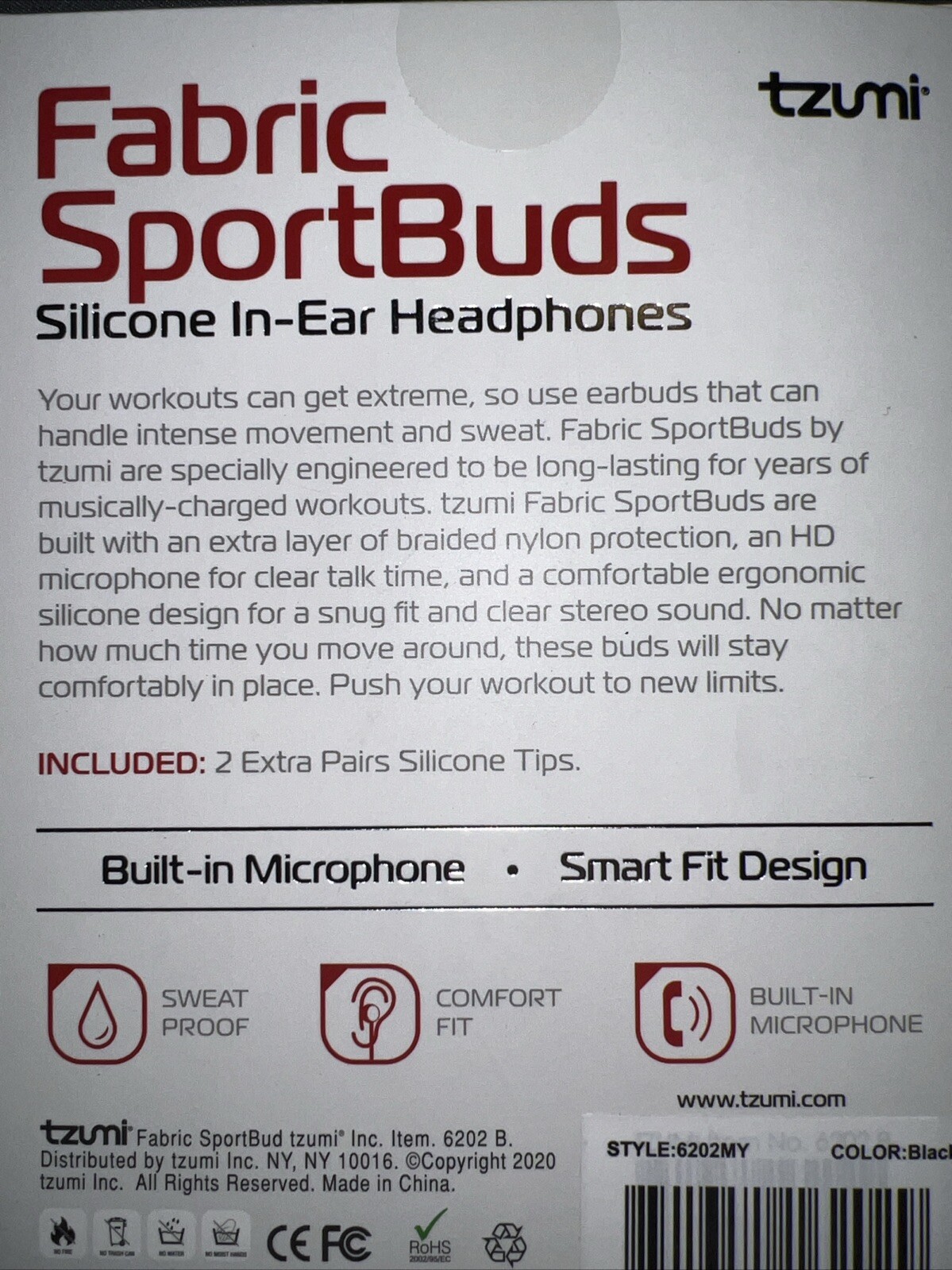 NIB Tzumi Fabric SportBuds Silicone In-Ear Headphones, Built-In Microphone
