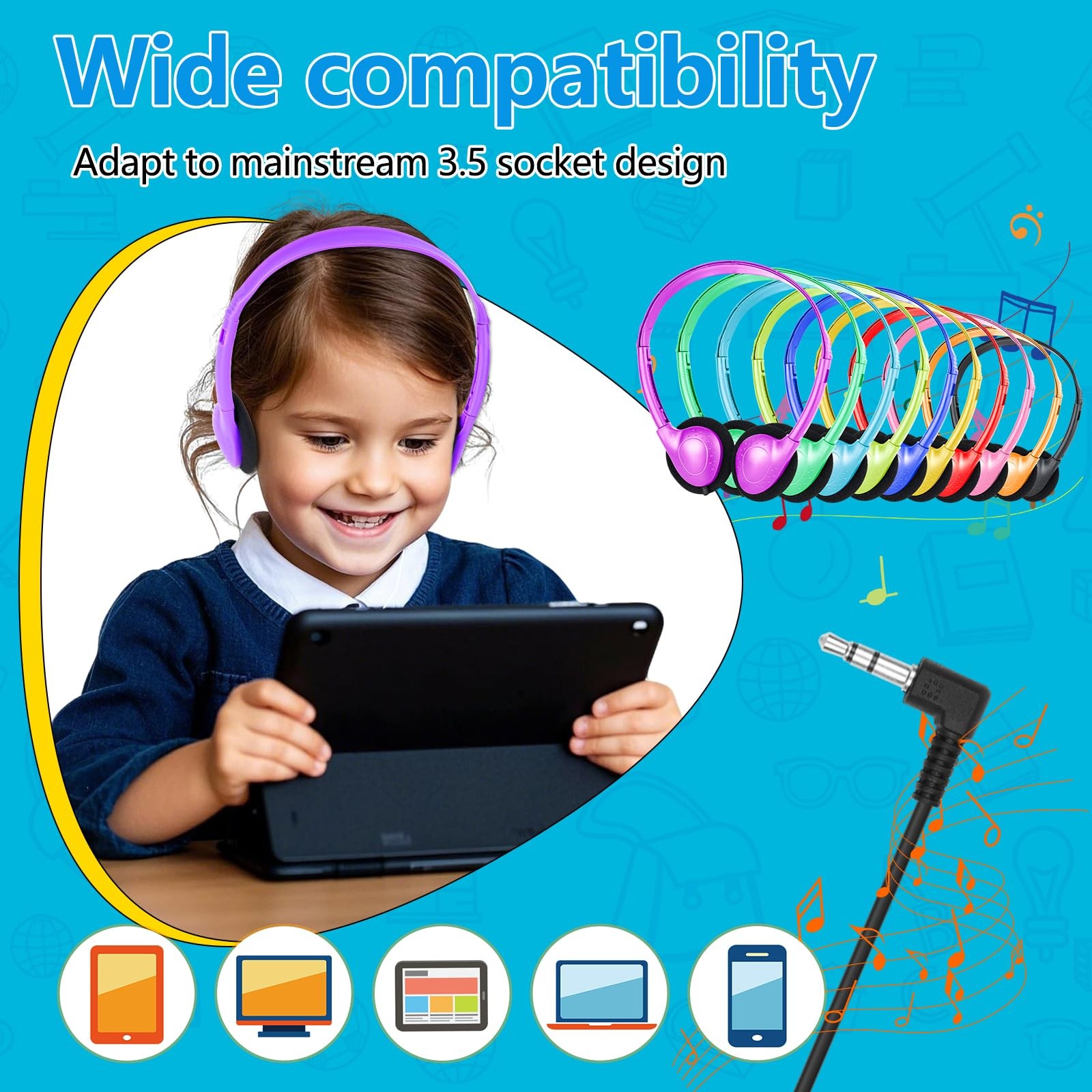 25 PCS Bulk Headphones Classroom 3.5mm Jack Multi Color Wired On Ear Kids