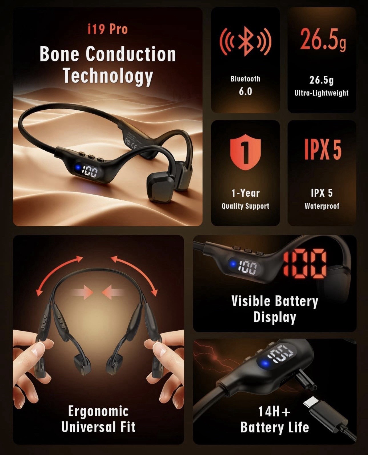 i19 Pro Bone Conduction Bluetooth 6.0 Neckband Headphones Black, IPX5 Mic