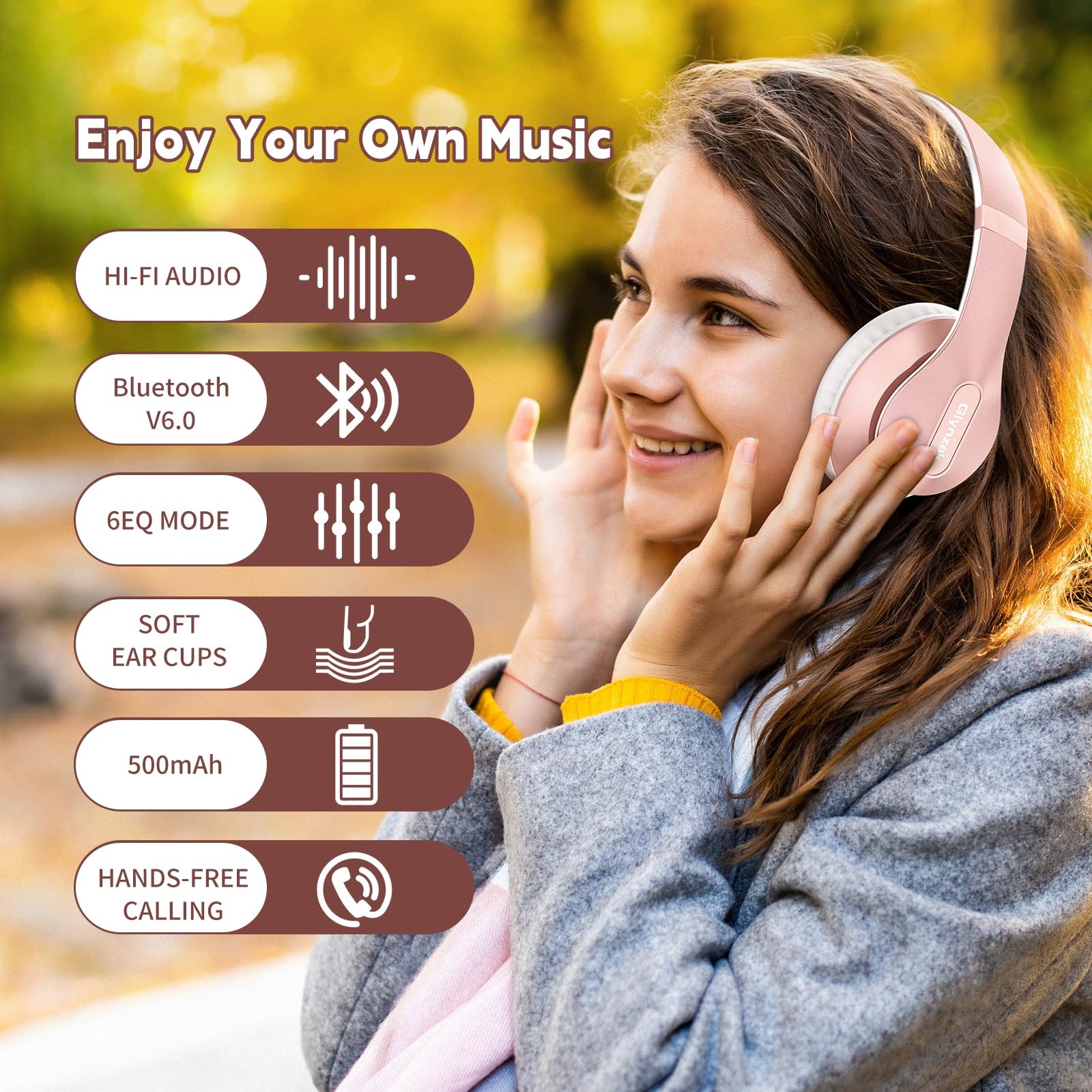 Wireless Bluetooth 6.0 Headphones Over Ear 65H Playtime 6 EQ Mic Rose Gold
