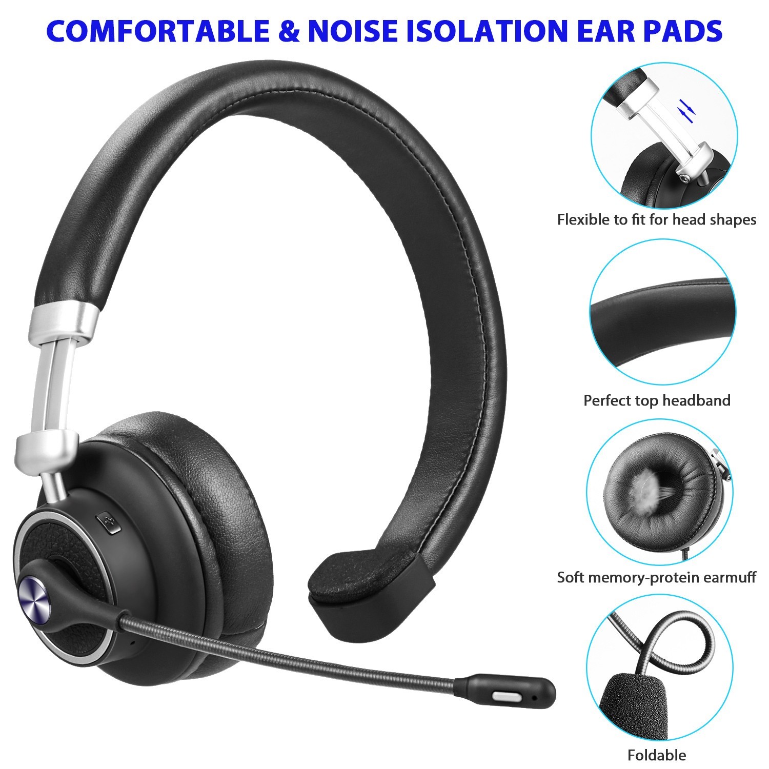 Wireless Bluetooth Headset Noise Canceling Headphones Over Head Boom with Mic