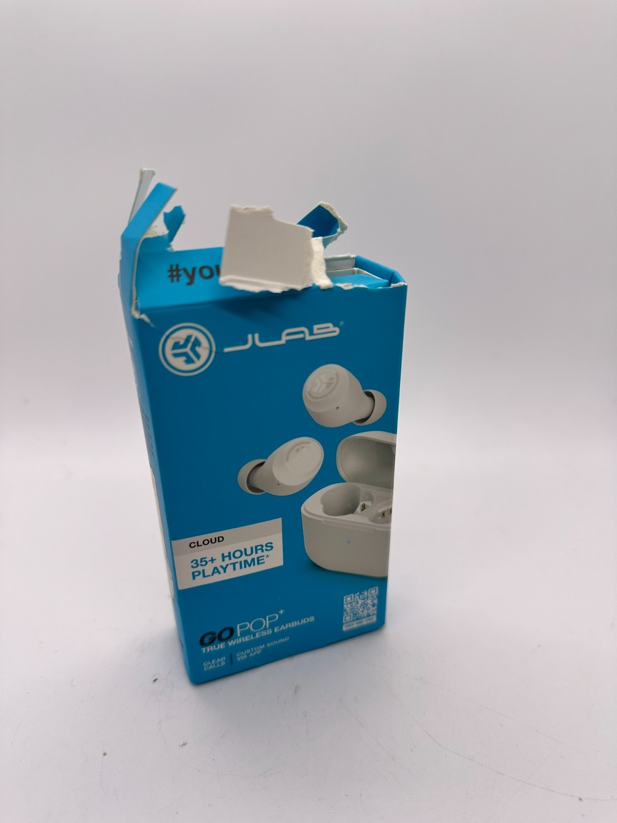 JLAB Go Pop+ True Wireless Bluetooth Earbuds Cloud – White | Distressed Box