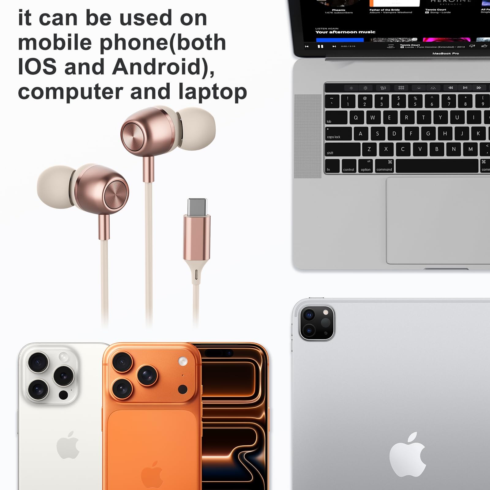 Pink USB C Headphones for Women Girls, Cute Wired Type C In common use,