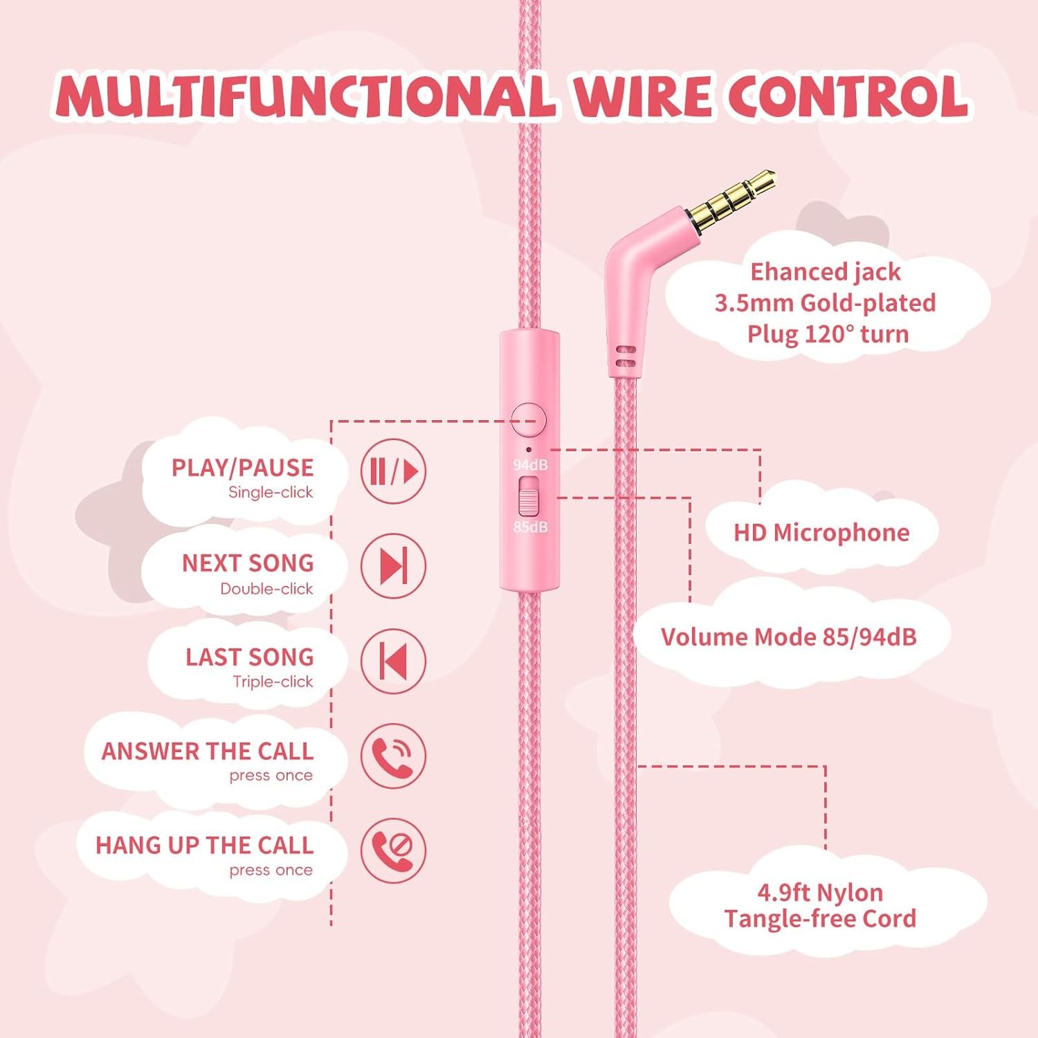 Wired Headphones for Kids for School, 3.5mm Cord Safe Volume Limit, Pink | Over