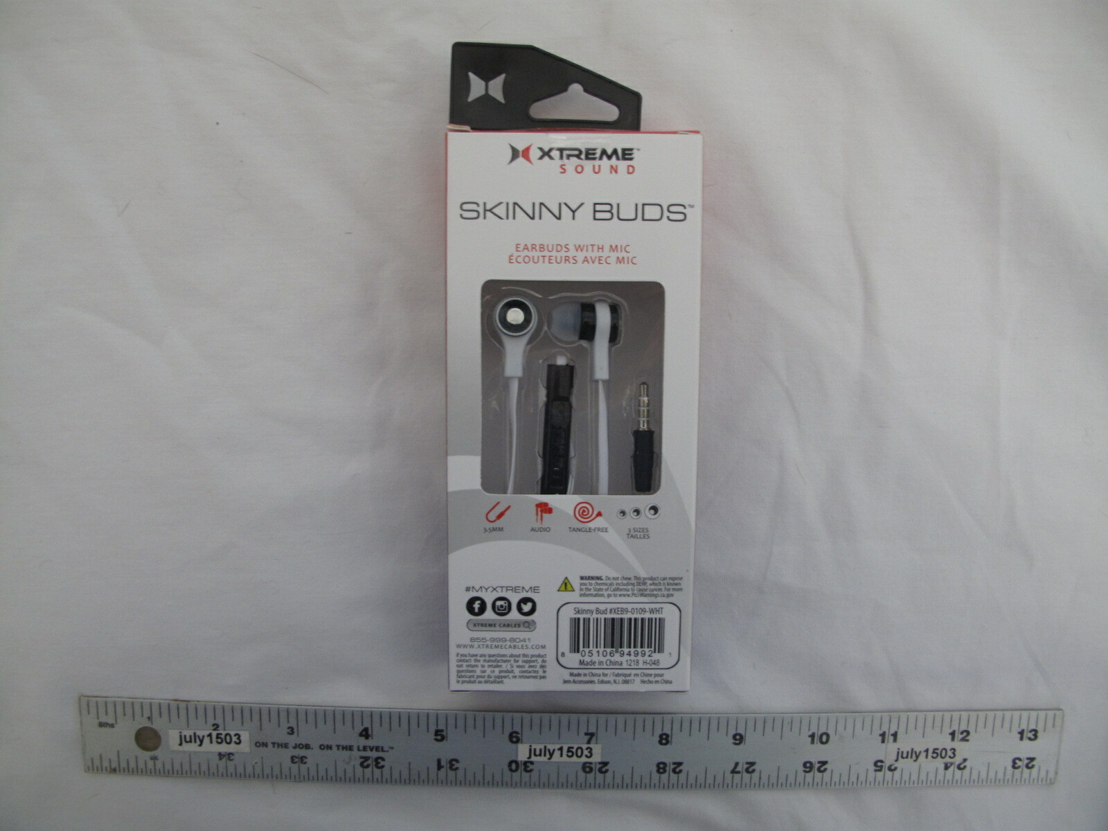 (1) NEW Xtreme Sound “Skinny Buds” Earbuds with Mic 3.5mm Tangle Free – WHITE
