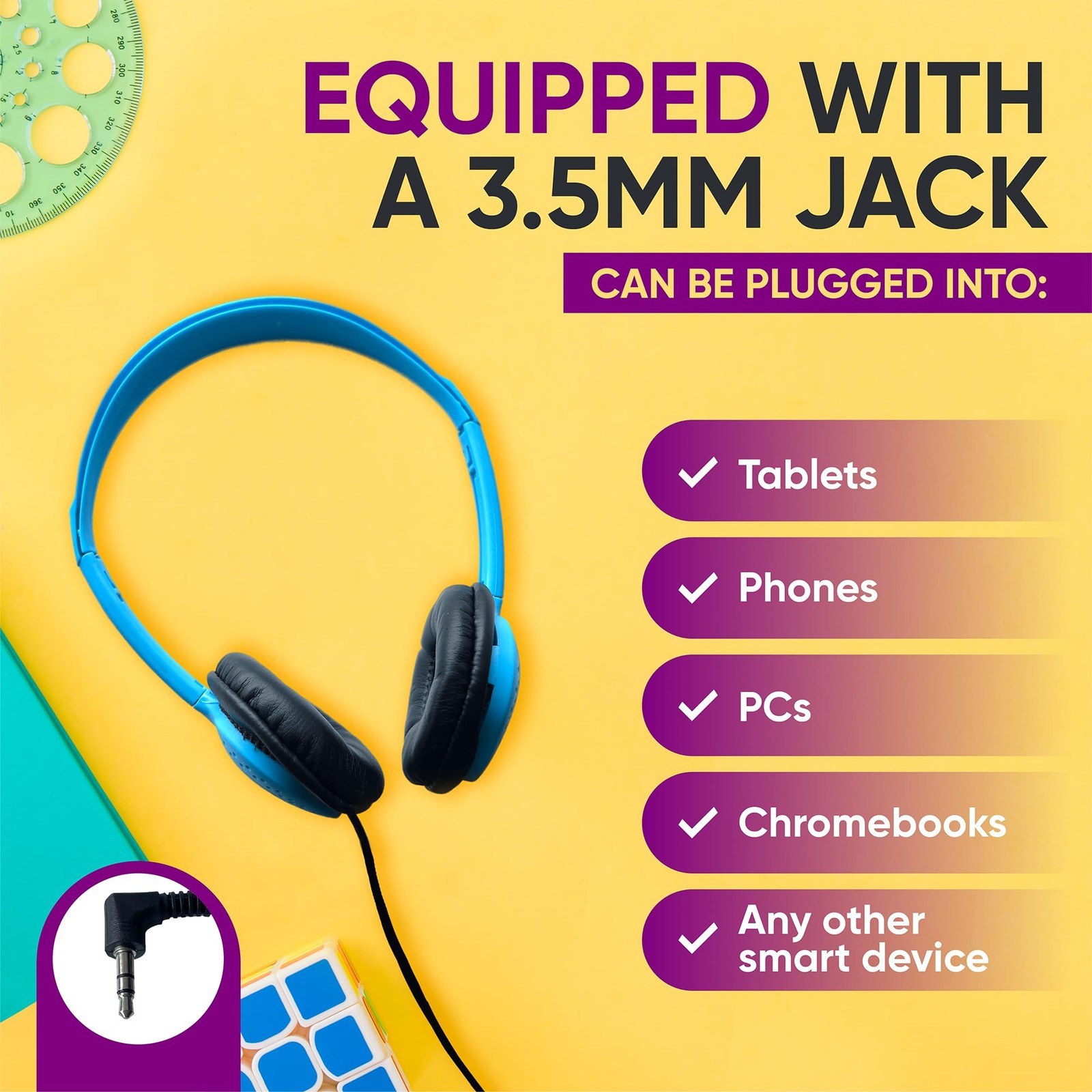 1 Pack Wired On-Ear Leather Headphones with 3.5mm Connector, Black