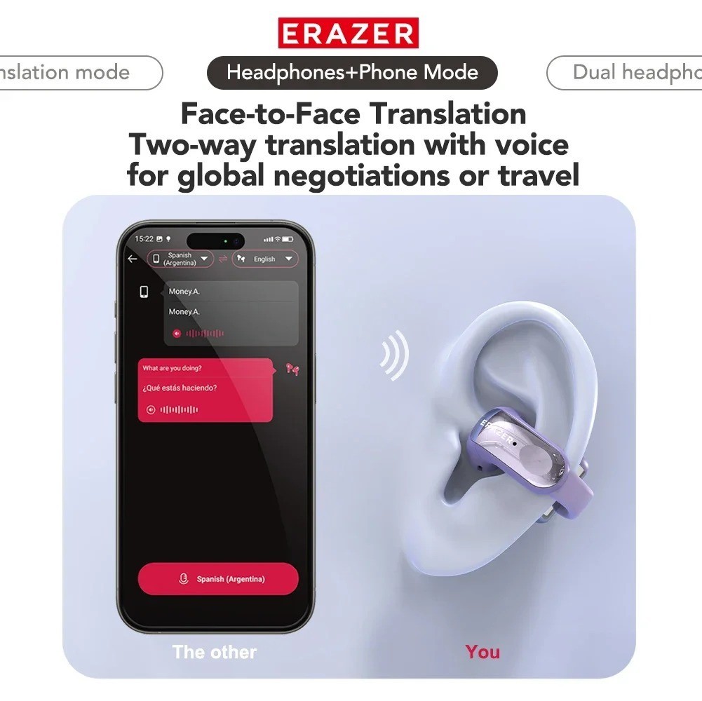 ERAZER XF28 AI Translator Ear Clip Earphones Bluetooth 6.0 Sports LCD Display