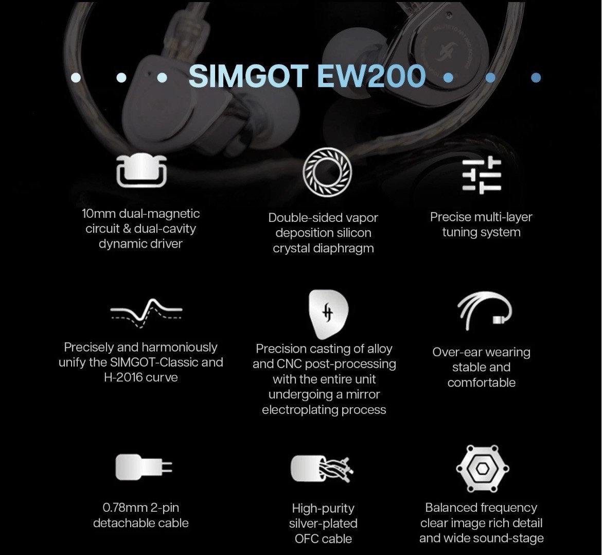 SIMGOT EW200 10mm SCP Diaphragm Dual Magnetic Dynamic IEM HiFi Earphones