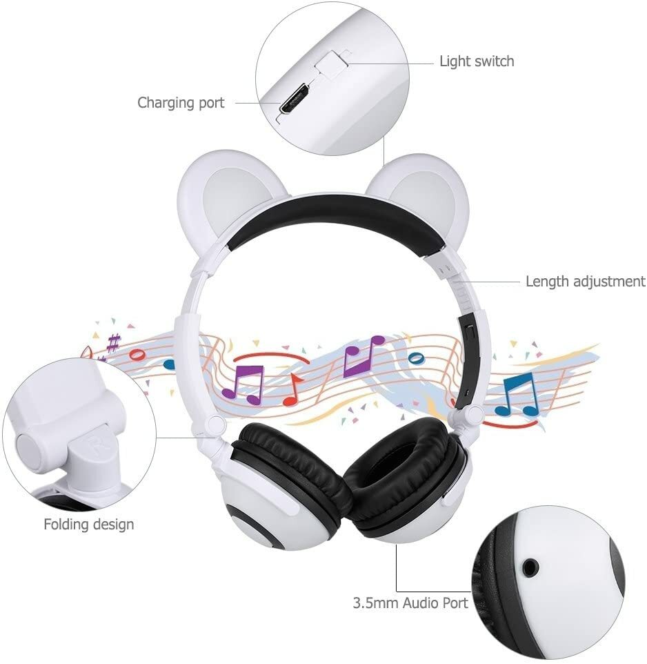 Kids Headphones with LED Lights Bear Ear Headphones Stereo Foldable Boys& Girls
