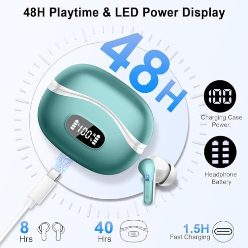 Wireless Earbuds, Bluetooth Headphones 5.4 HiFi Stereo, Ear Buds with 4 Cyan