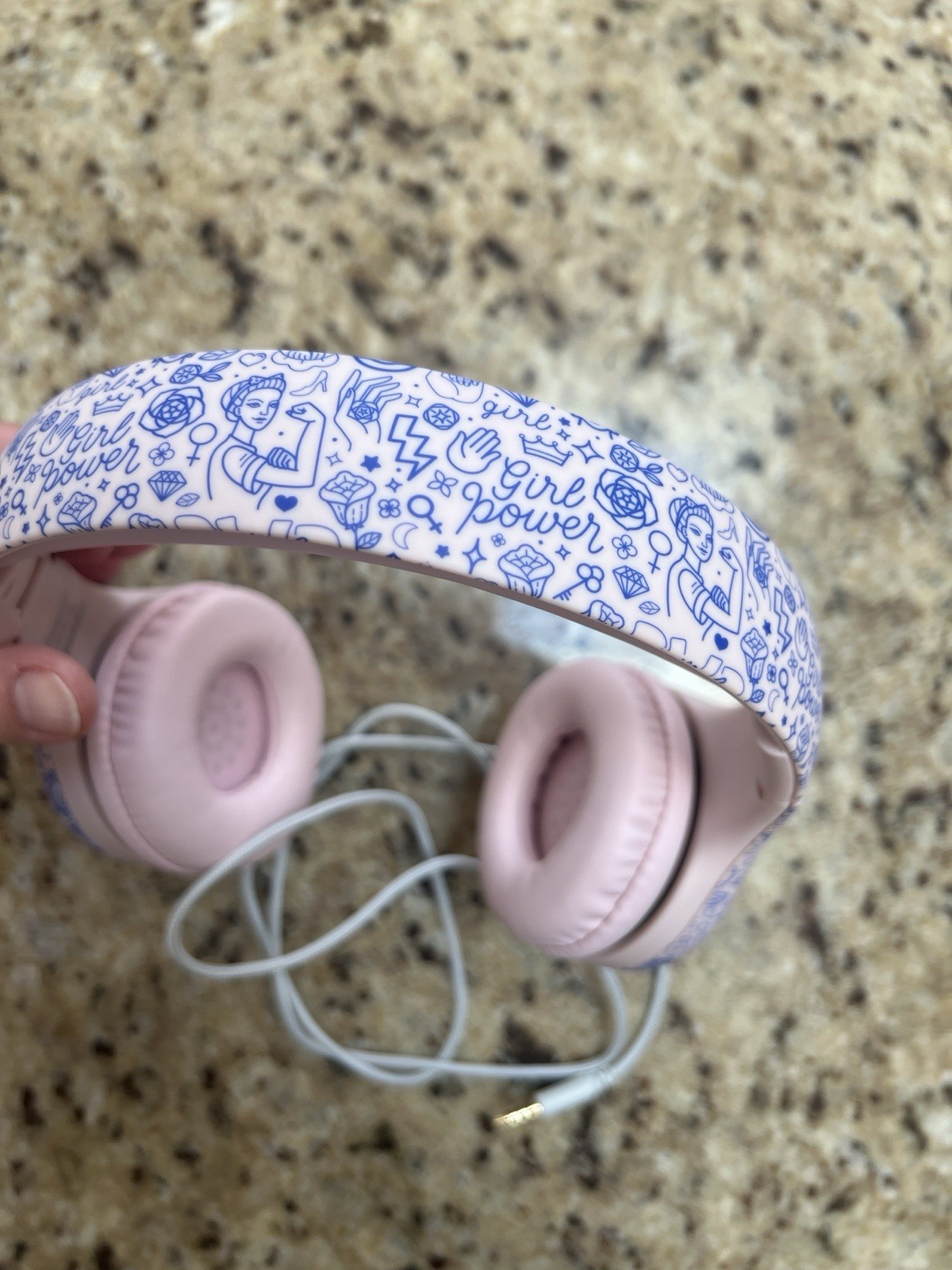 LilGadgets Wired Over-Ear Headphones Pink White Blue Pattern w/ Carrying Pouch