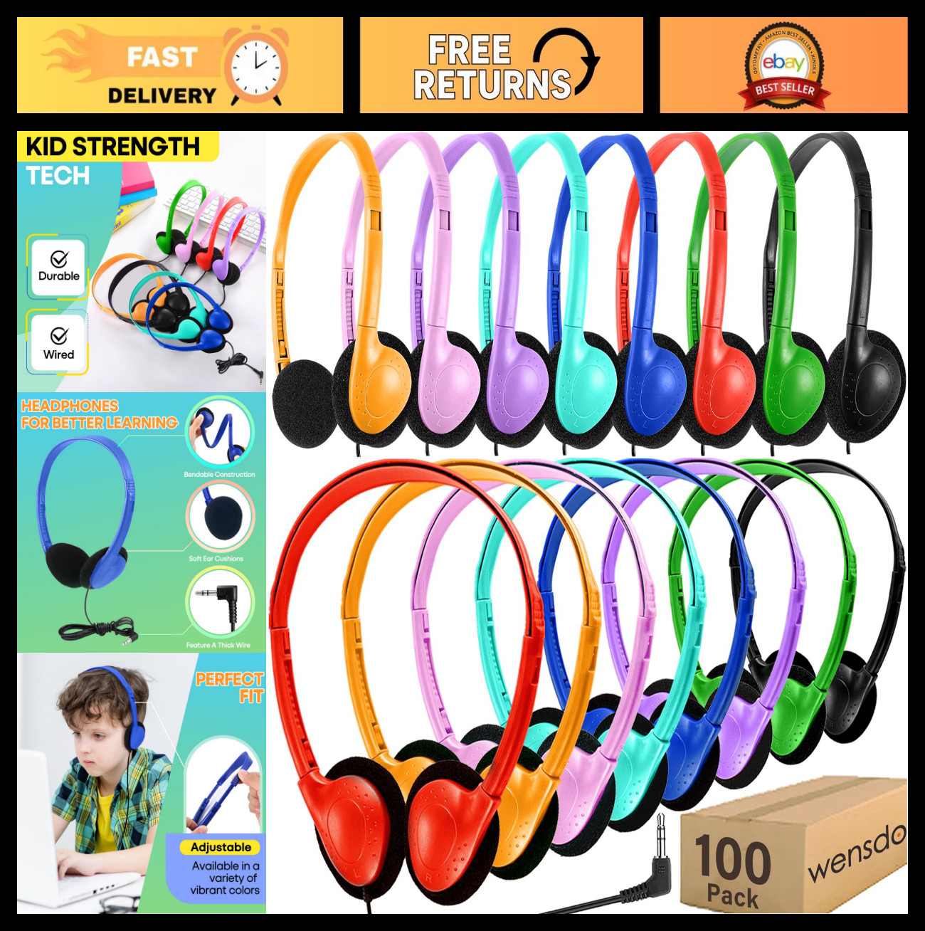 100 Pack Bulk Classroom Headphones, Durable Wired Earphones for Kids & Adults, 3