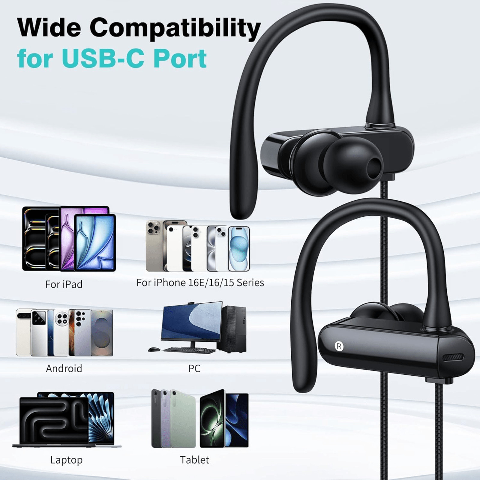 HGCXING USB C Over Ear Headphones Hook Wired Sport Earbuds Black