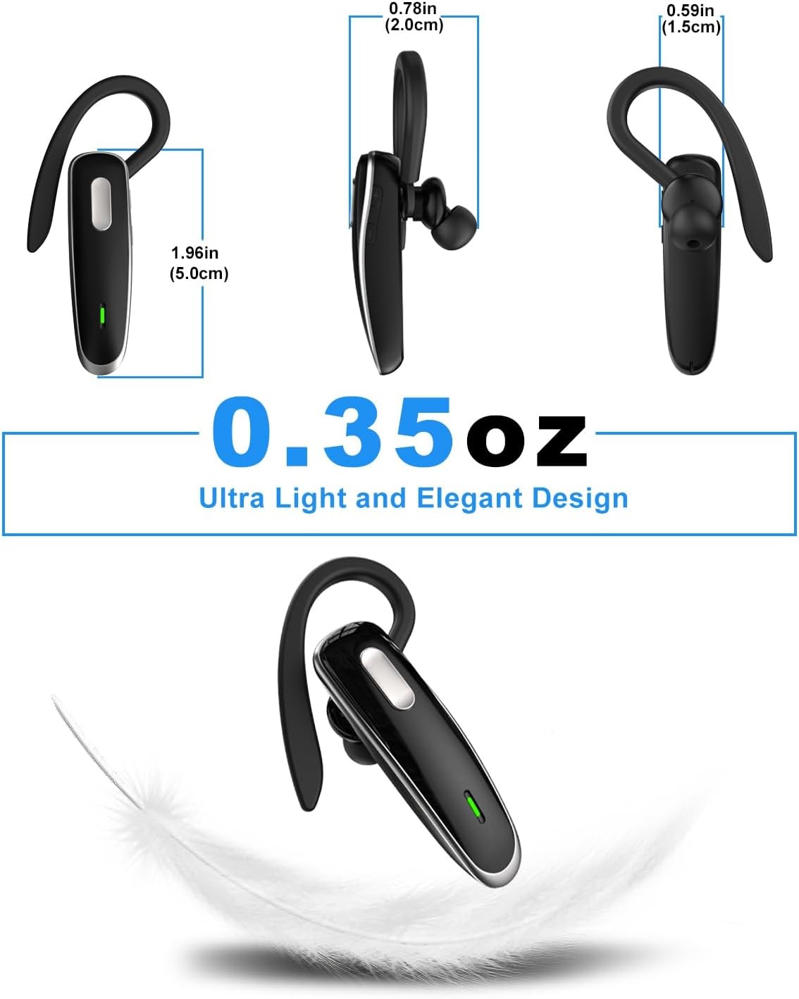 Bluetooth Headset, V5.1 Ultralight Wireless Handsfree Earpiece Cell Phone with