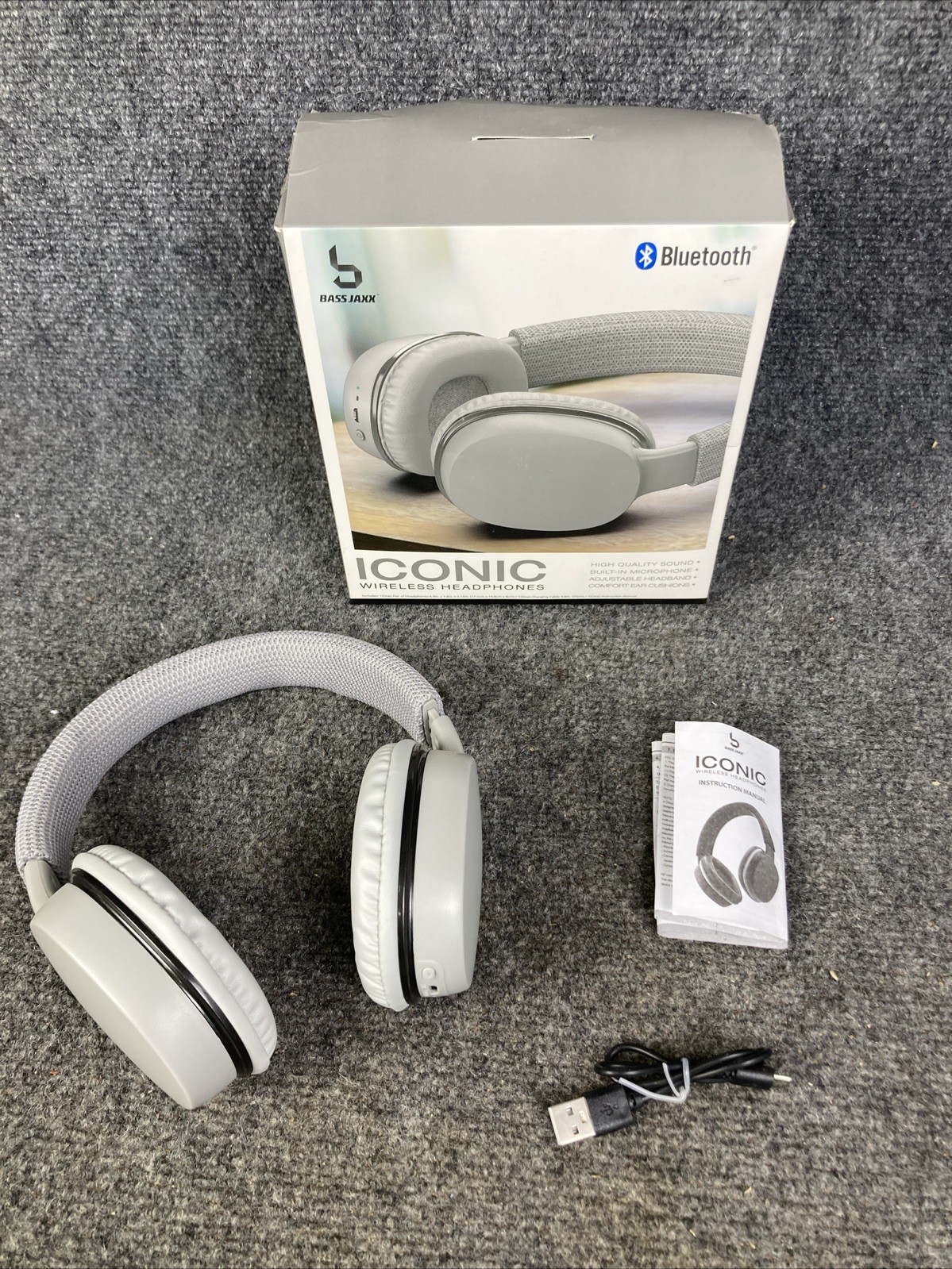 BassJaxx Gray Wireless Bluetooth Adjustable Headphones w/ Built-in Microphone