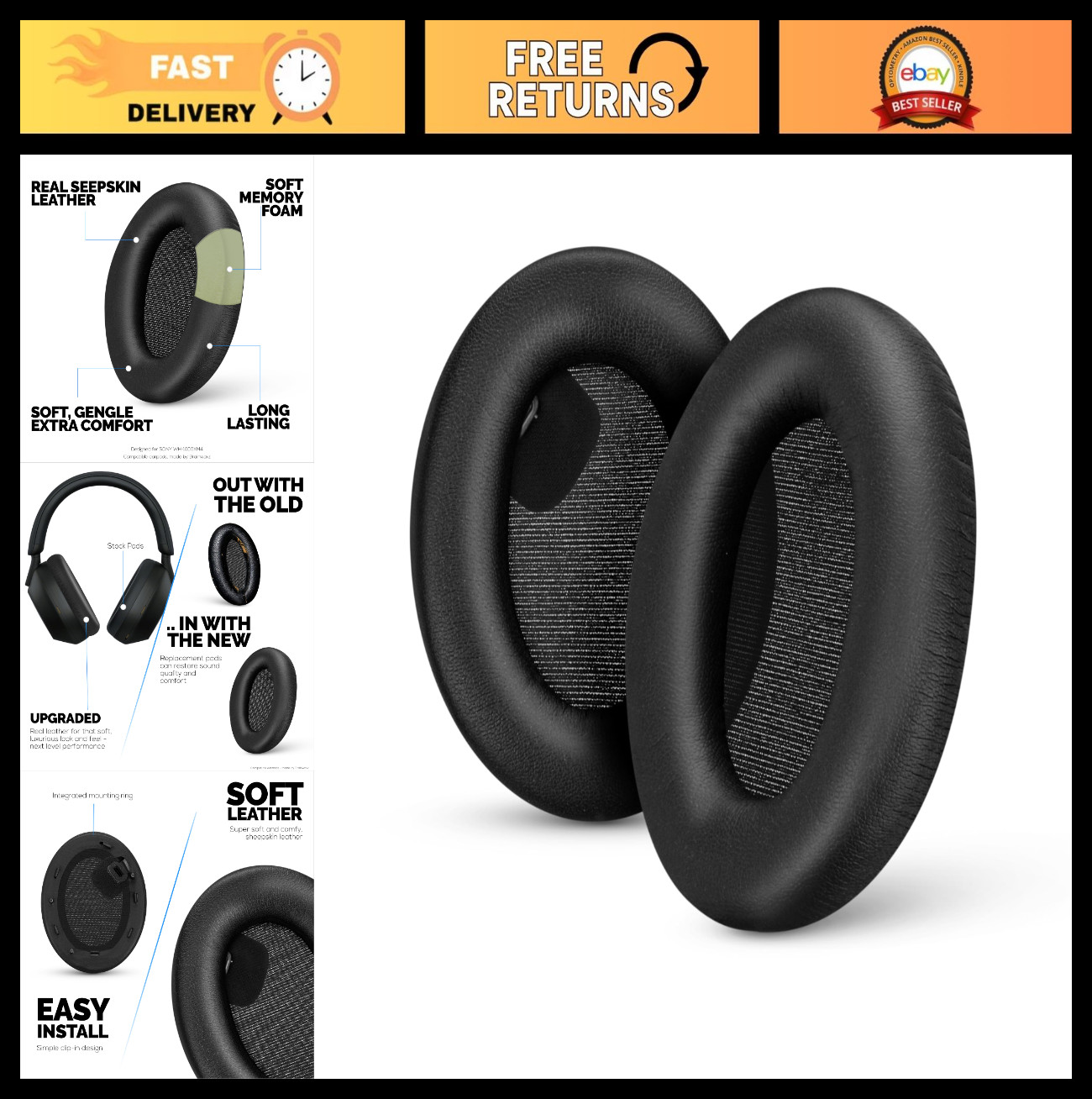 Soft Sheepskin Earpads for Sony WH-1000XM4 Headphones, Memory Foam Cushions, Dur
