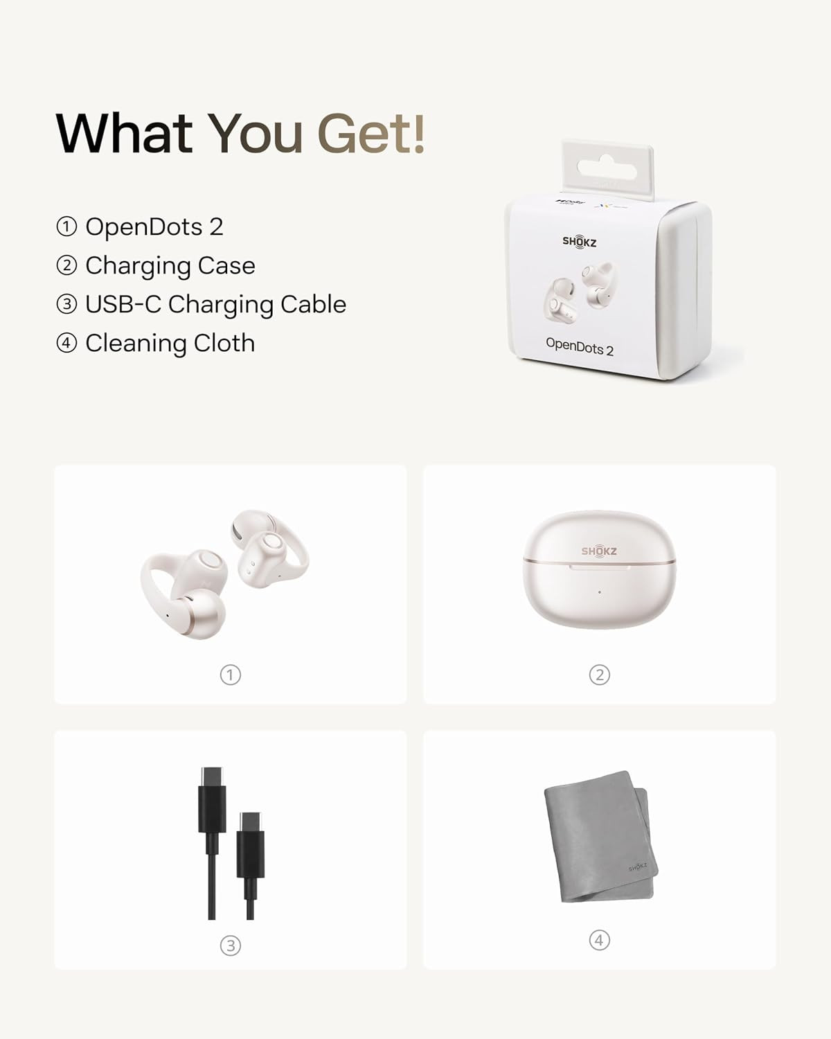 SHOKZ Opendots 2 Open-Ear Clip-On Earbuds, White, Dolby Audio, 3 Mics | IP57; Bl