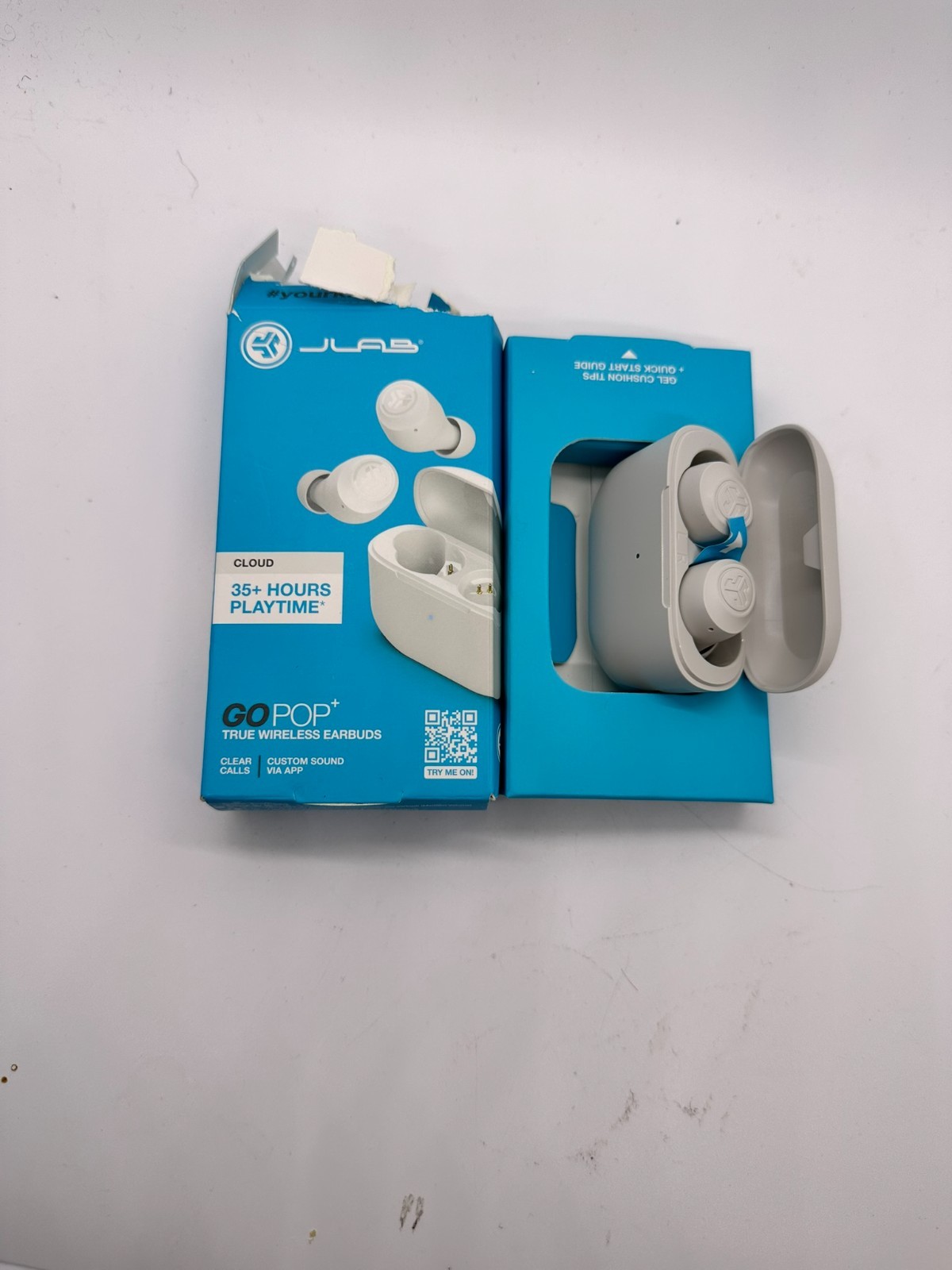 JLAB Go Pop+ True Wireless Bluetooth Earbuds Cloud – White | Distressed Box