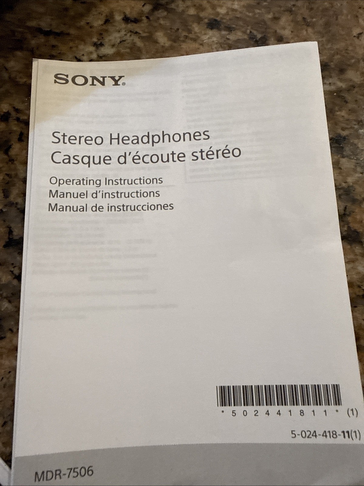 SONY MDR-7506 Stereo Headphones 3.5mm 230g Closed Dynamic Wired
