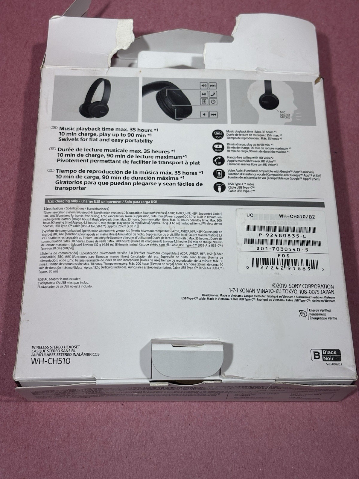 Sony WH-CH510 Wireless Stereo Headset NEW! Black Bluetooth 35 Hours USB Open Box