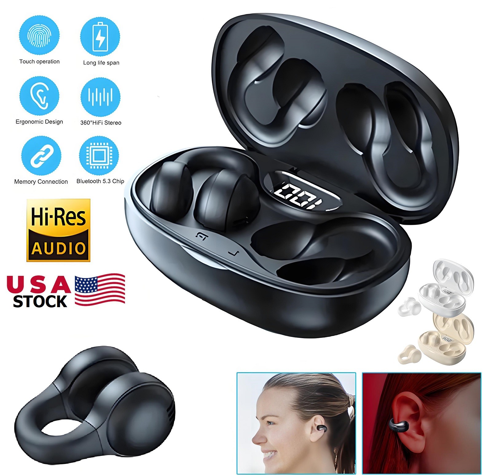 Wireless Music Headphones with Touch Control Clip-On Earbuds for Running&Cycling