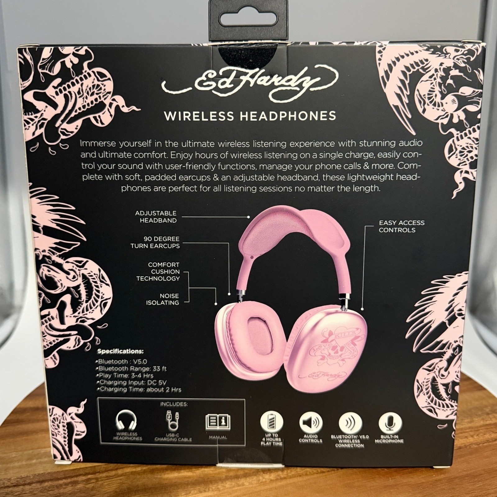 Ed Hardy Pink Wireless Headphones, Earbuds and 20W Wall Charger 3pc Bundle 0695