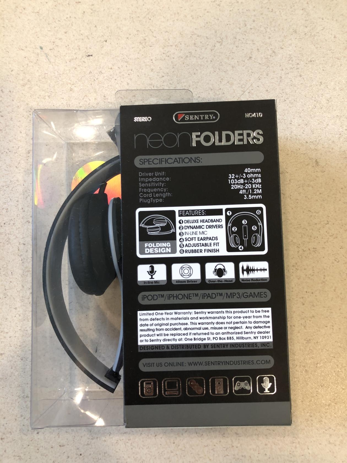 Sentry Neon Folding Headphones w/In-Line Microphones Gray/Black