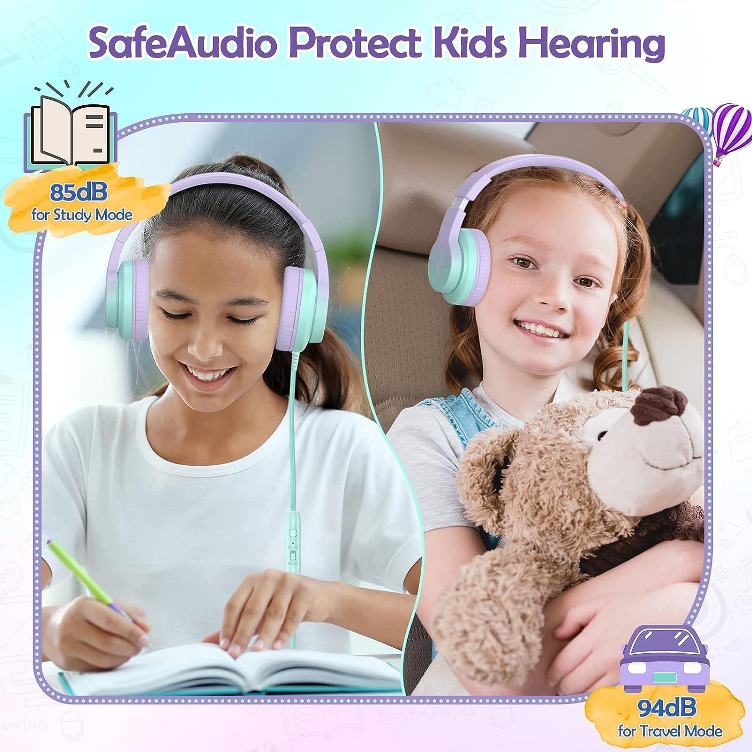 Durable Over-Ear Headphones for Kids with Microphone – Gradient Purple Design