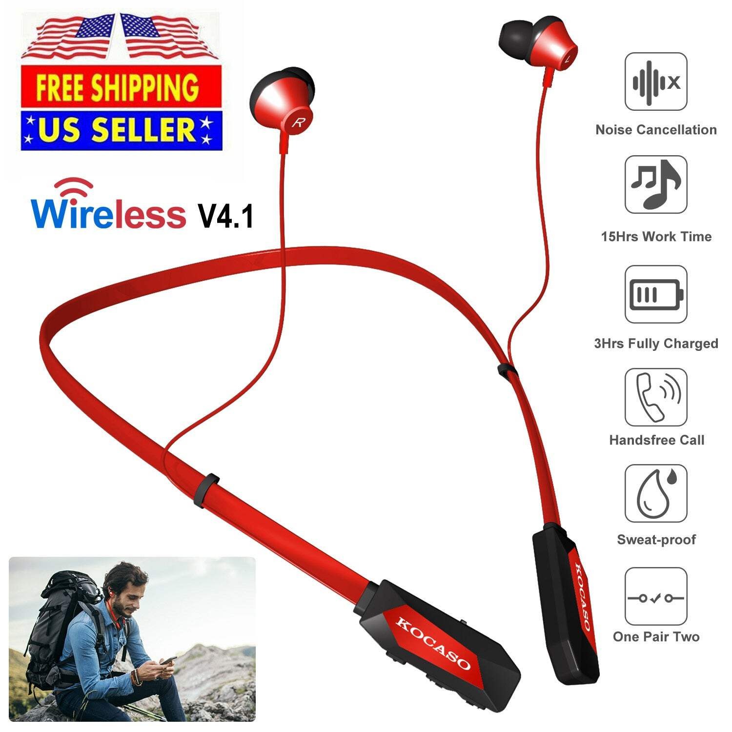 Wireless Neckband Headphones V4.2 Sweat-proof Sport Headsets Earbuds In-Ear Magn