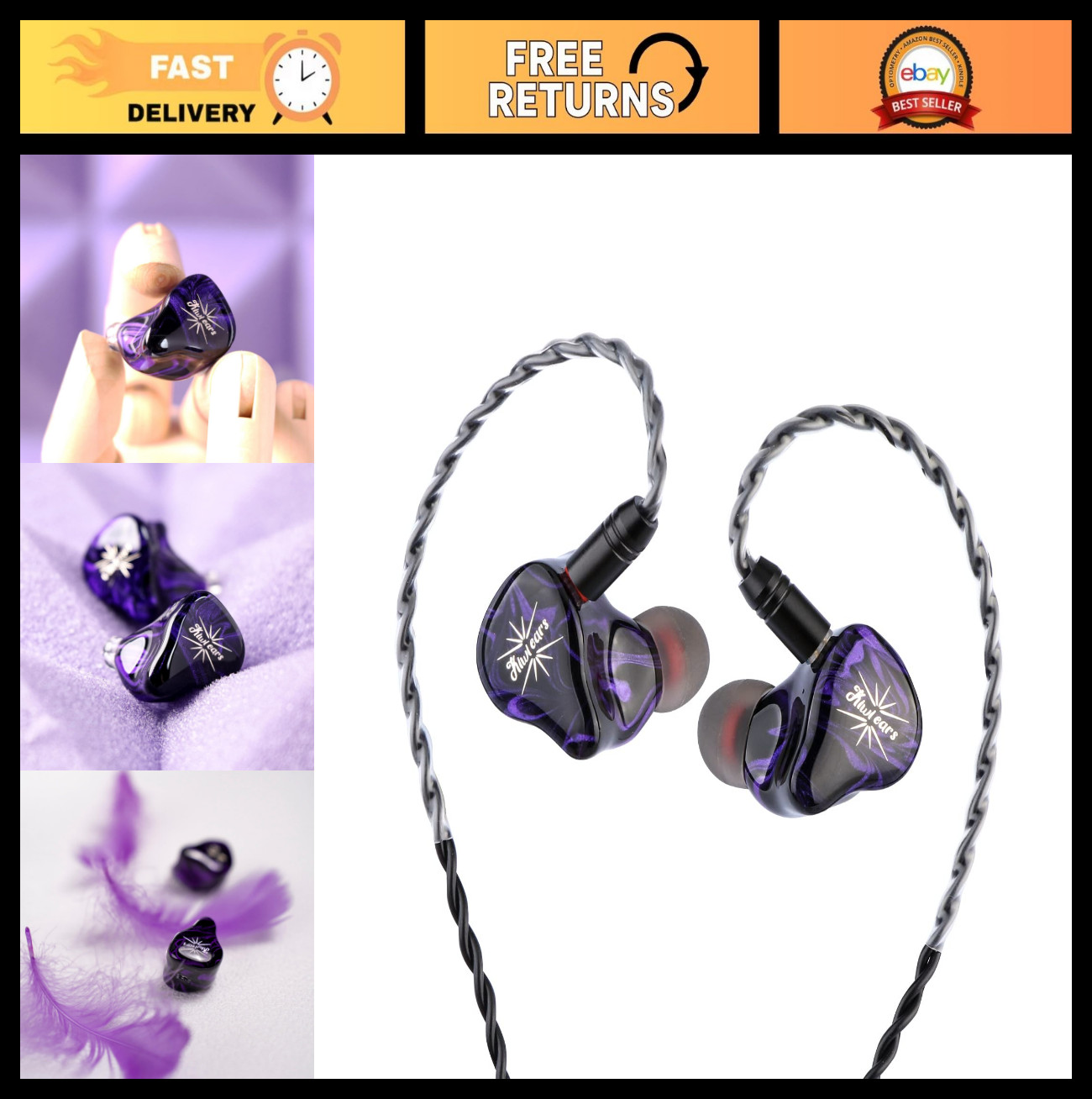 Hybrid IEM Earphones, 2DD+2BA HiFi Wired Earbuds, Studio Monitor, Detachable Cab