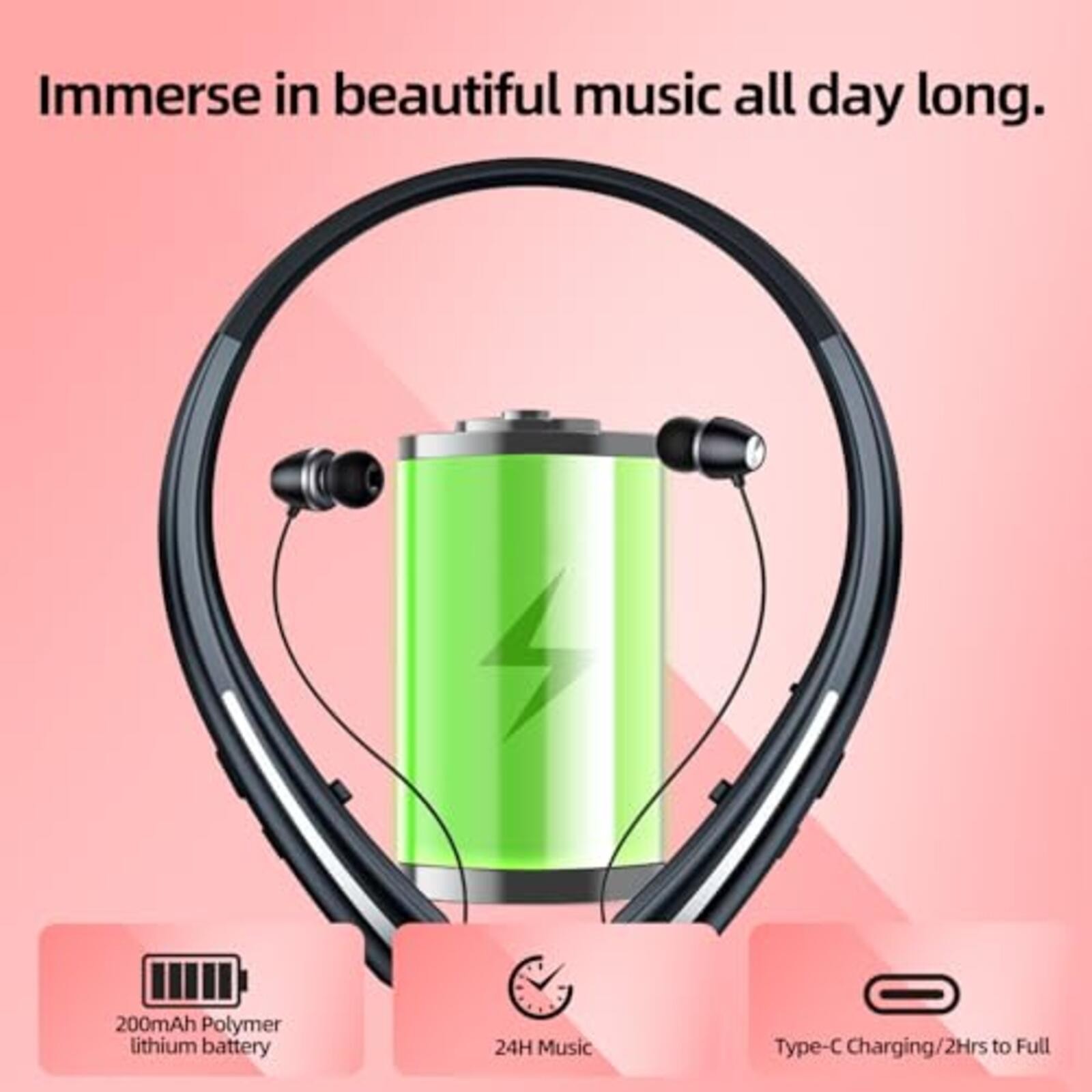 Bluetooth Neckband Headphones Retractable Wireless Sports Earbuds w/Mic Black