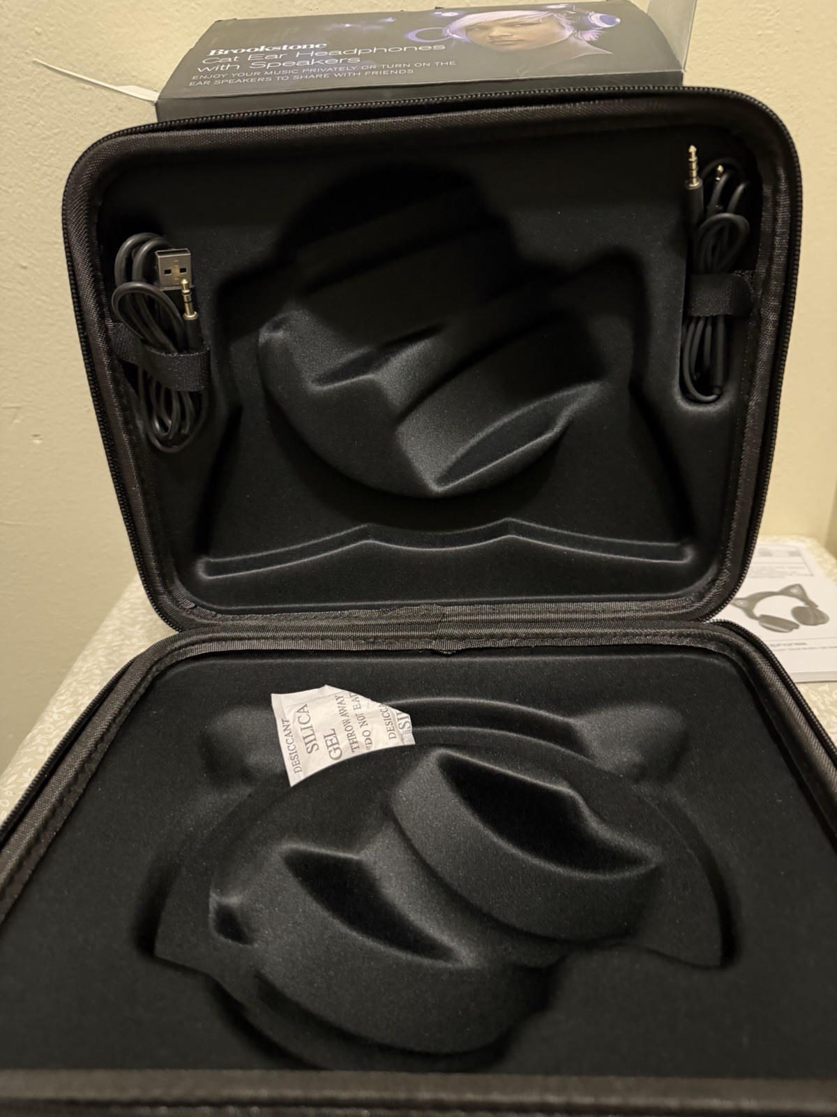 Brookstone Purple Black Cat Ear Headphones w/ Storage Case and Micro USB Cable