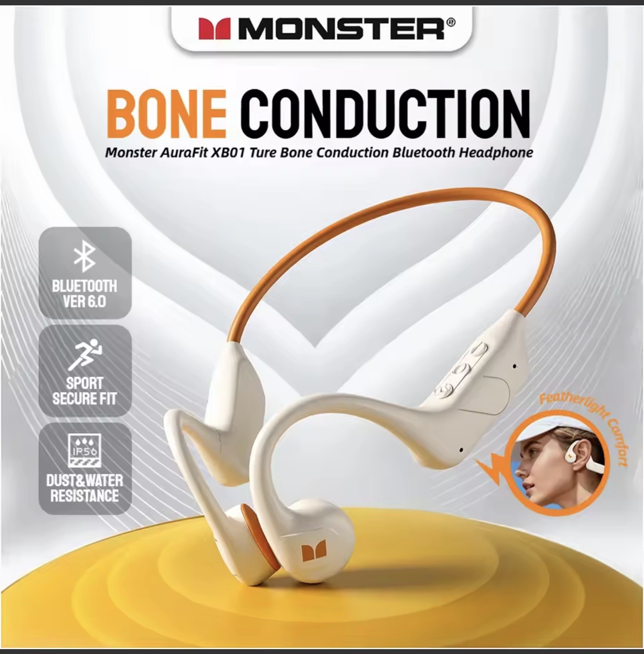 Monster Aura Fit XB01 Wireless Bluetooth Bone Conduction Headphones Beige 16mm