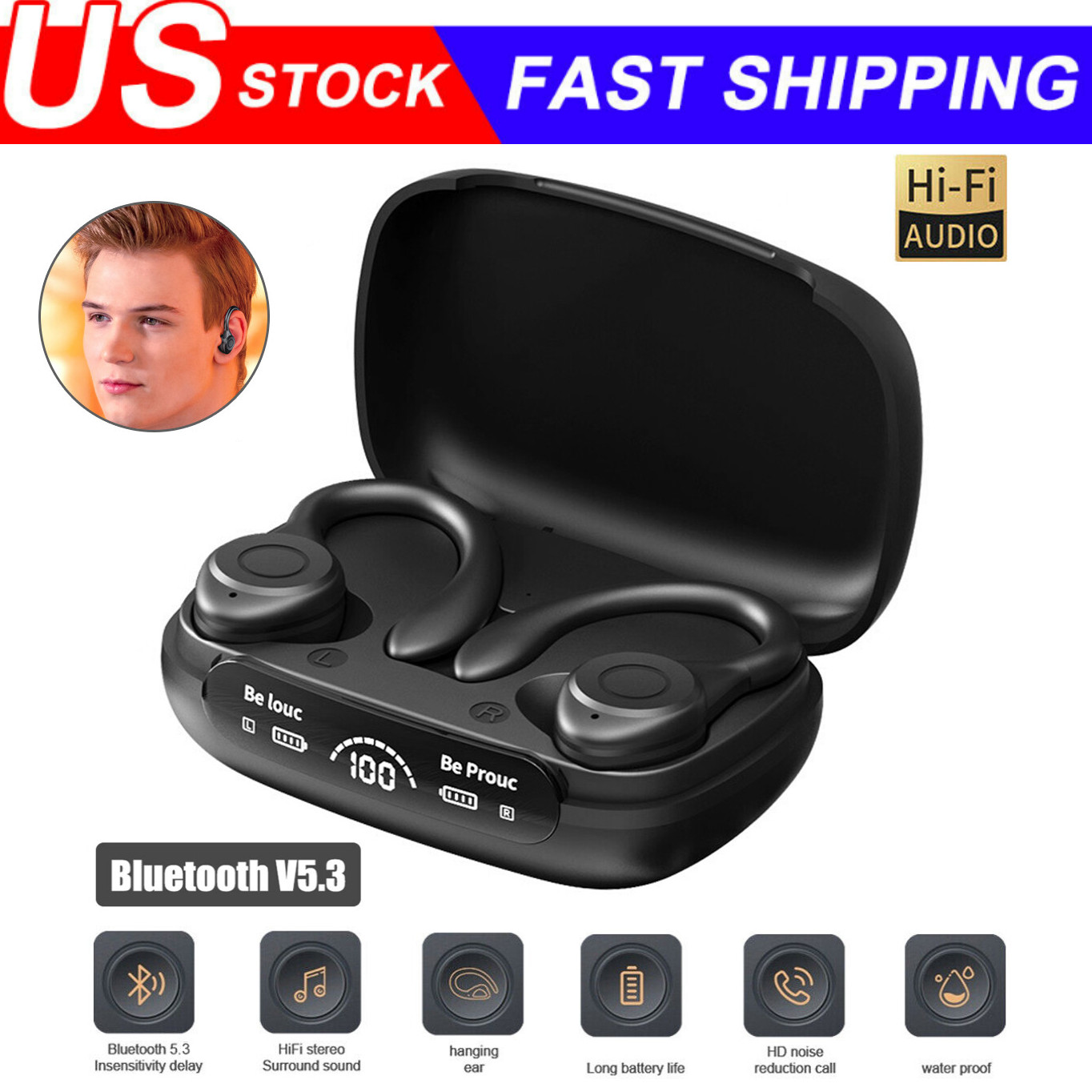 Wireless Bluetooth 5.3 Headset TWS Earphones Earbuds Stereo Headphones Ear Hook