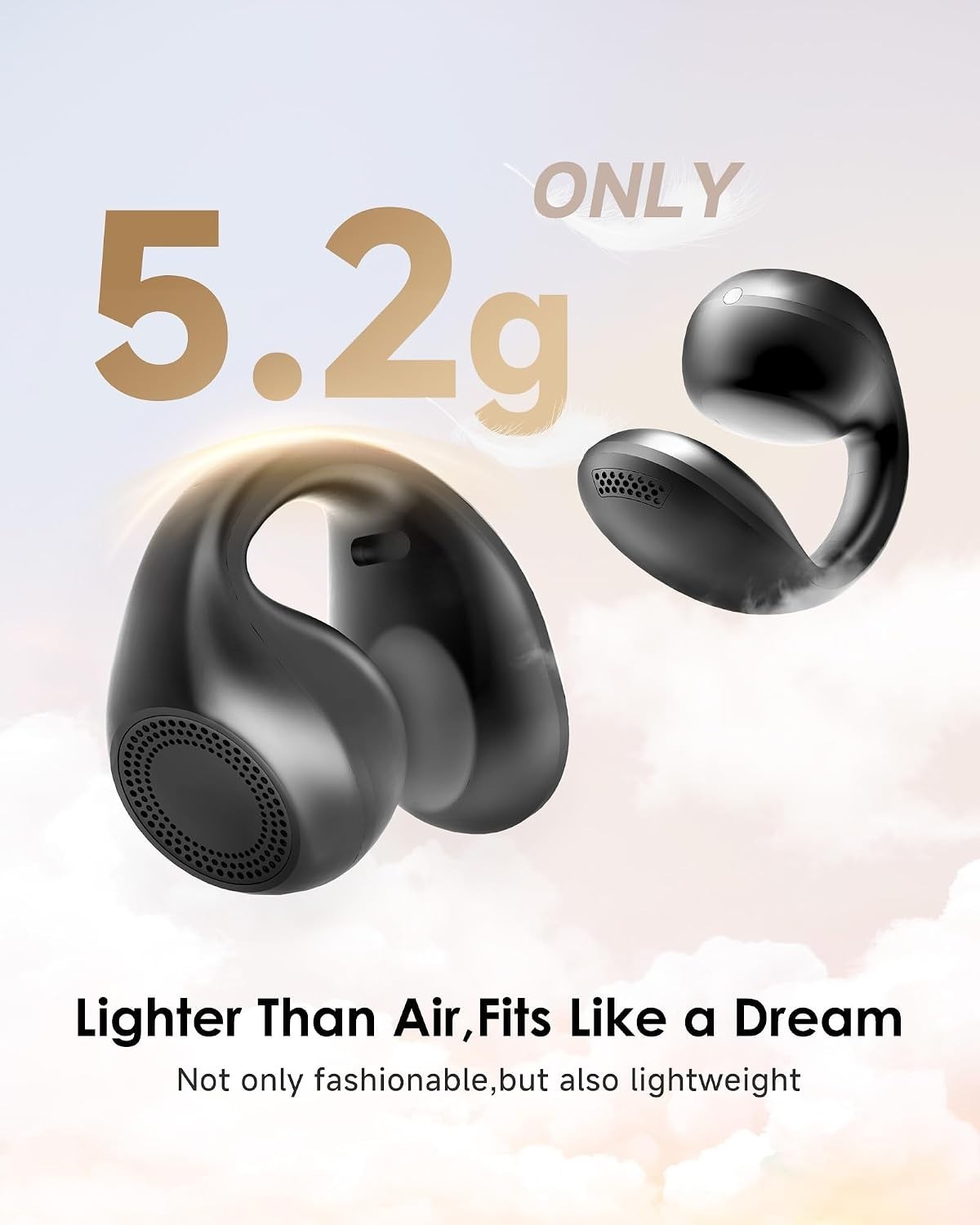 King Lucky Clip-On Open Ear Earbuds Wireless Bluetooth Headphones 45H Mic Black