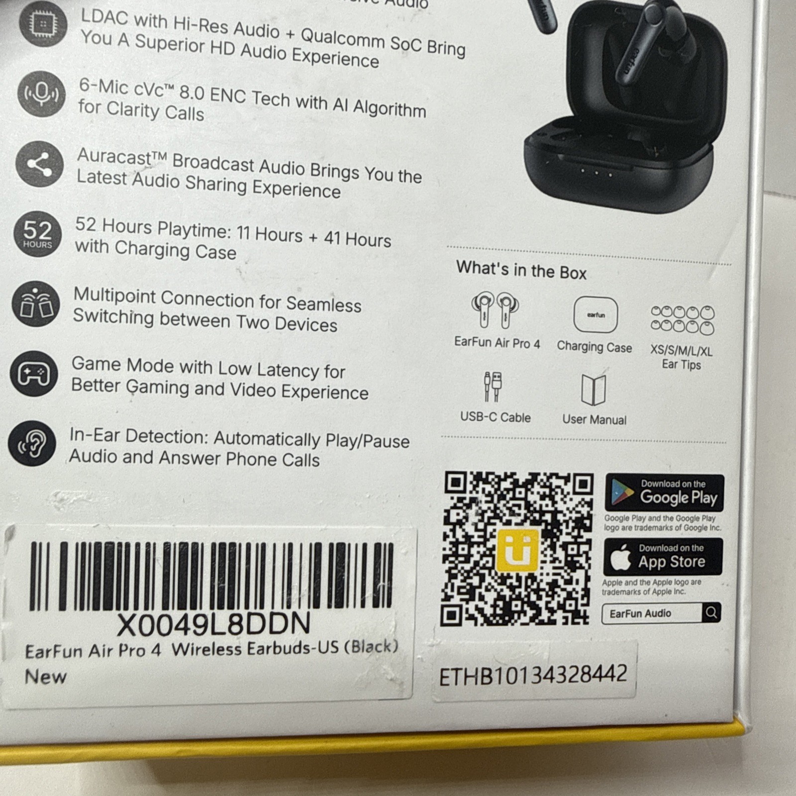 EarFun Air Pro 4 Ultra Active Noise Cancelling Wireless Earbuds W/ Case Black