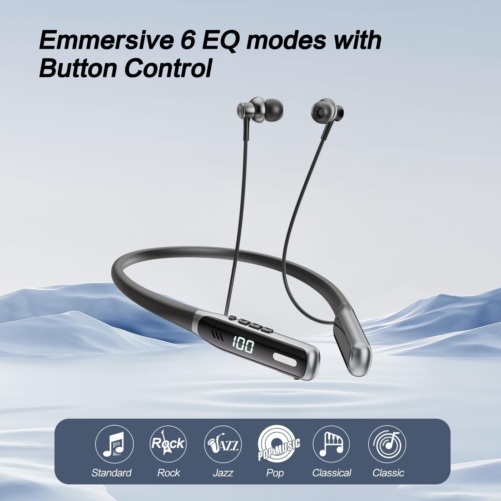 NEOQOQO Wireless Neckband Earbuds, Bluetooth 5.4 Headphones Standard, Black