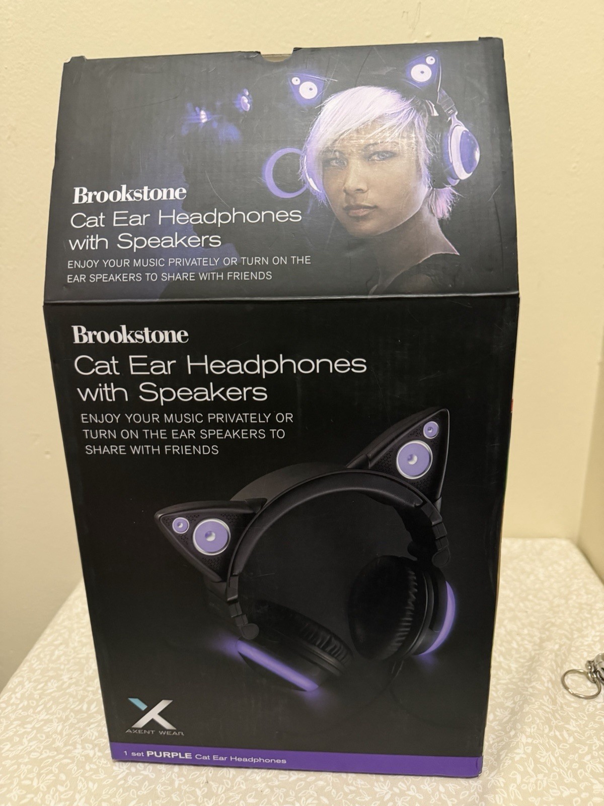 Brookstone Purple Black Cat Ear Headphones w/ Storage Case and Micro USB Cable