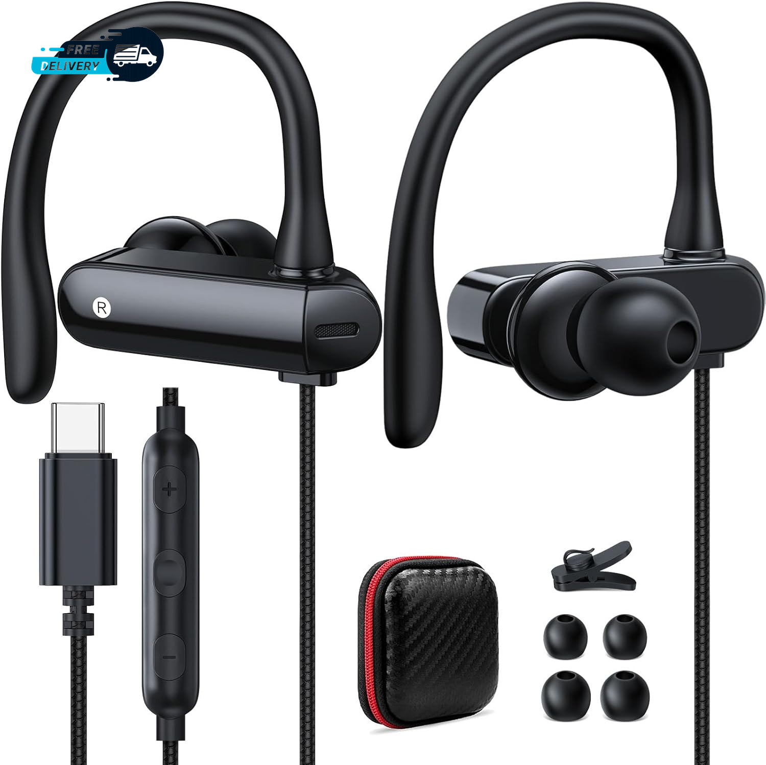 USB C Headphones over Ear Hook Sport Wired Earbuds Kids with Loop Mic Samsung