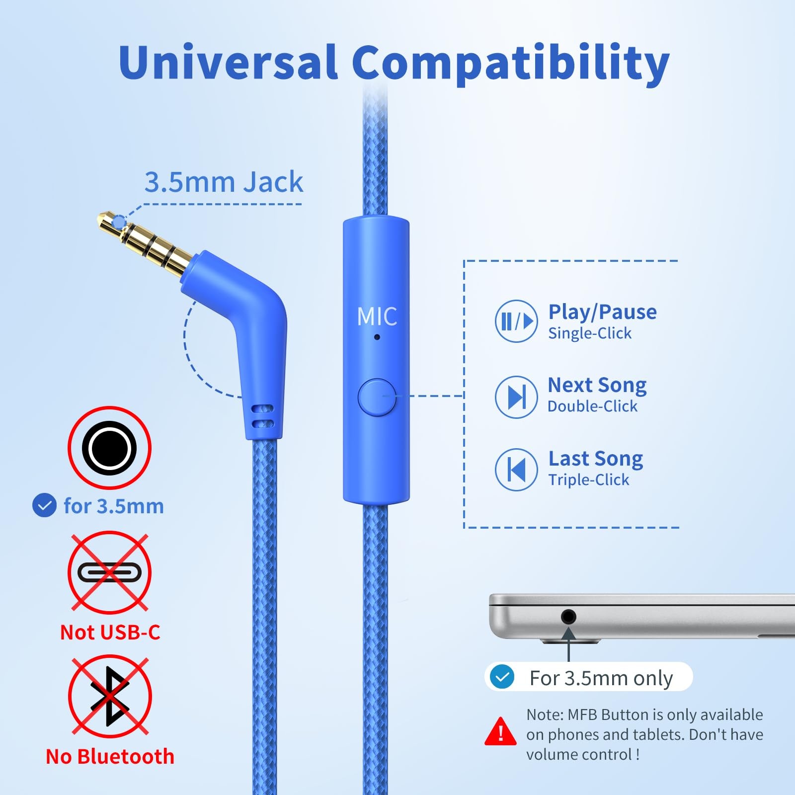 Wired Headphones Over Ear Microphone 3.5mm Jack 4.9ft Nylon Cord Blue