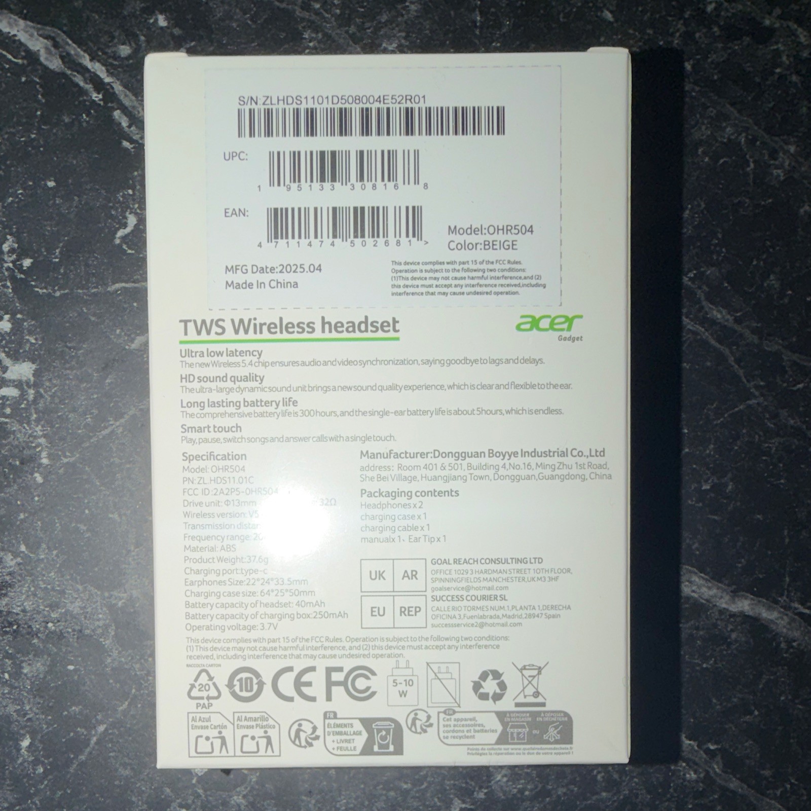 Acer OHR504 TWS Bluetooth In-Ear Earbuds Noise Cancellation Beige