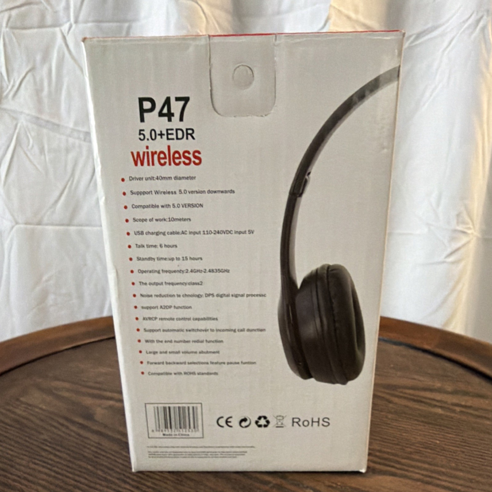 P47 5.0+EDR Wireless Headband Ear-Pad Headphones 40mm Foldable FM MP3 Black