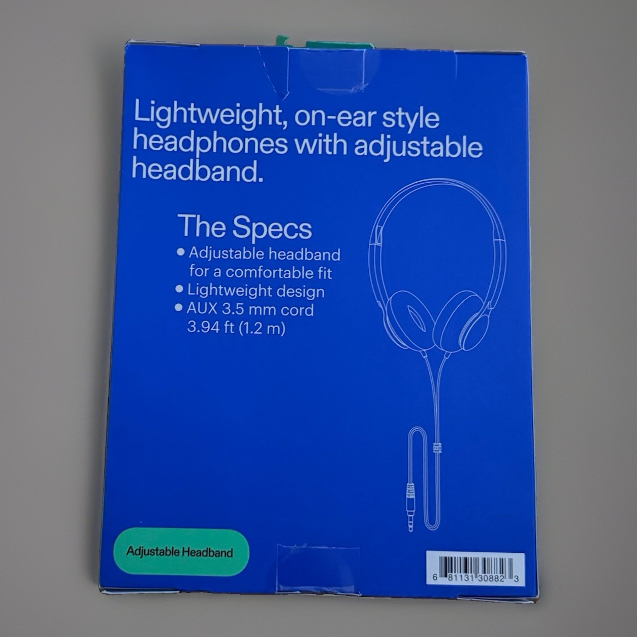 onn Groove Headband Headphones On-Ear 3.5mm 3.94ft Adjustable Lightweight Blue