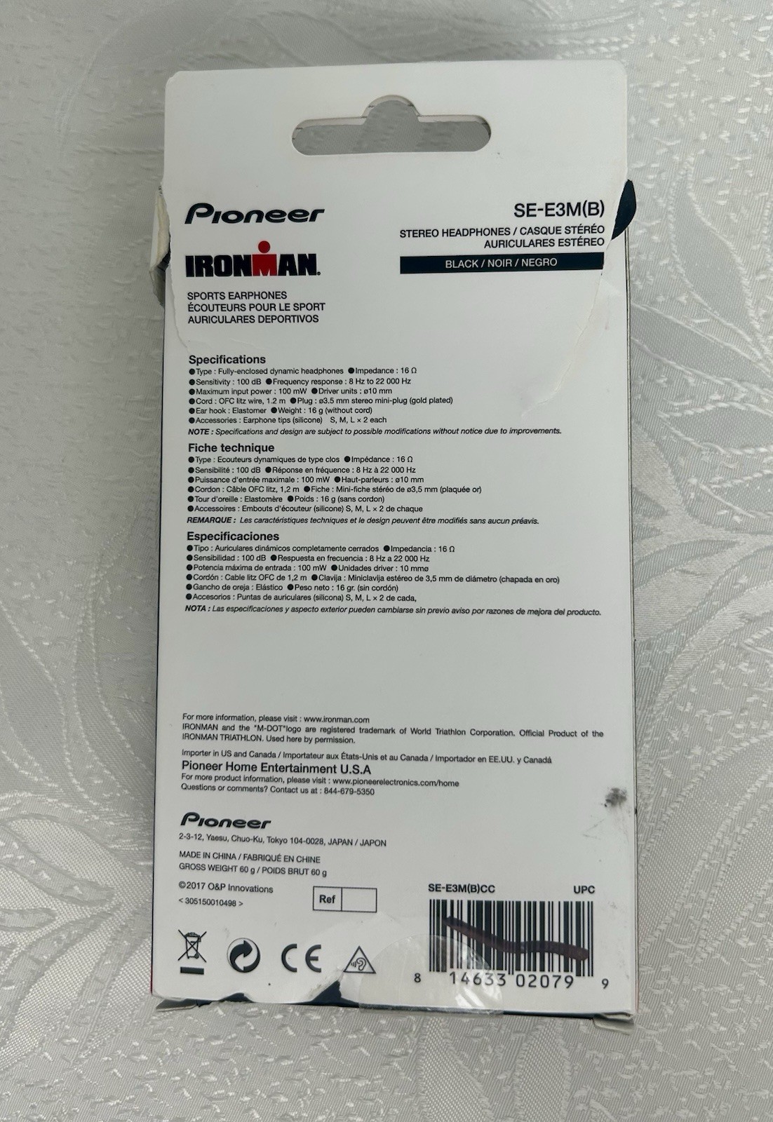 Pioneer SE-E3M(B) IRONMAN Sports Sweat-Proof Ear-Hook 3.5mm 1.2m Black