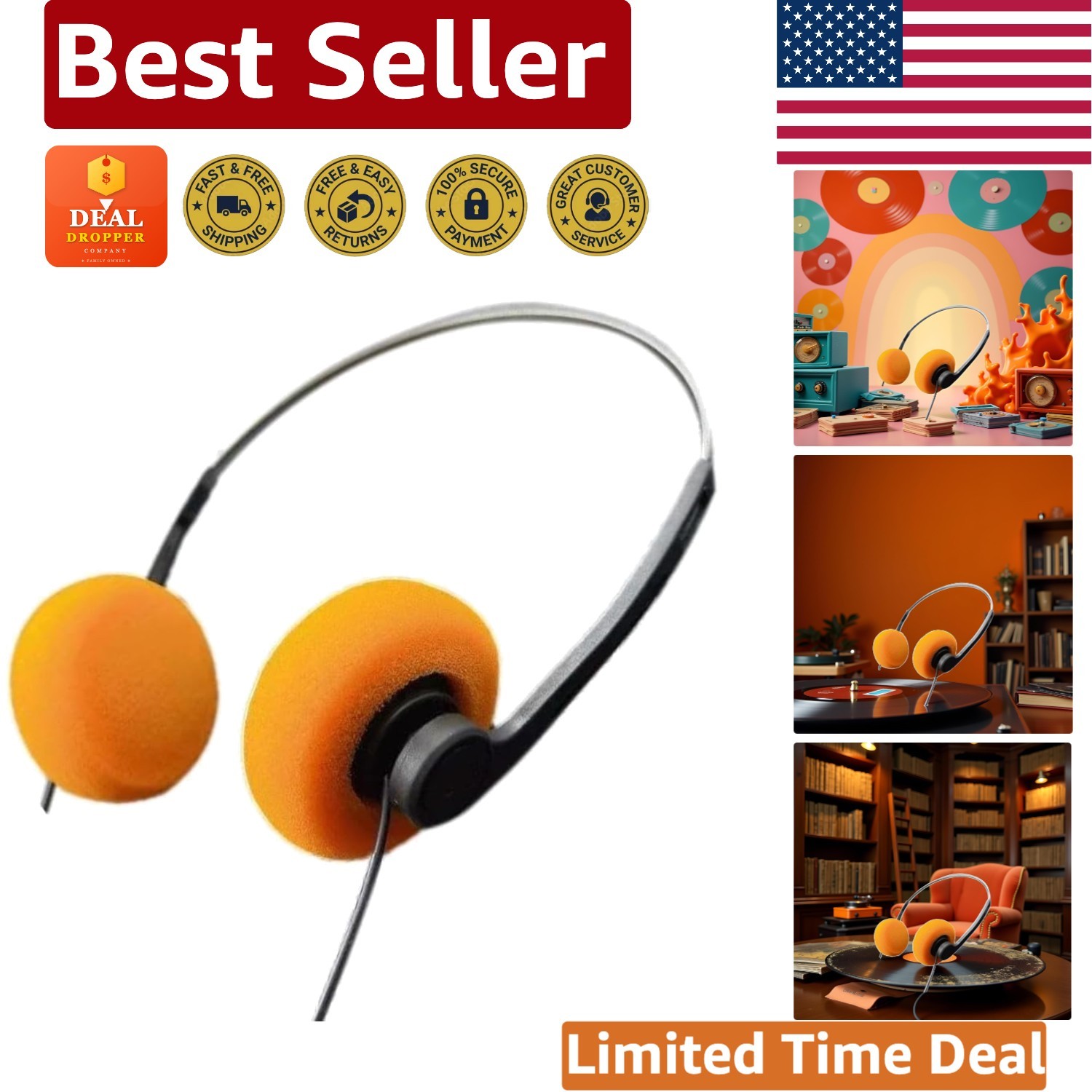 Lightweight Retro Over-Ear Headphones in Orange – Perfect for Mobile Devices