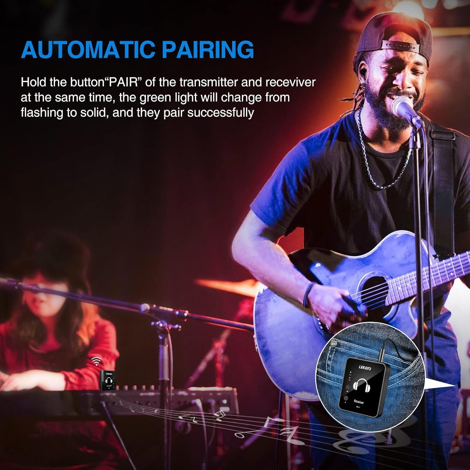 LEKATO MS-1 Wireless in Ear Monitor System, 2.4GHz Stereo in-Ear Monitoring with