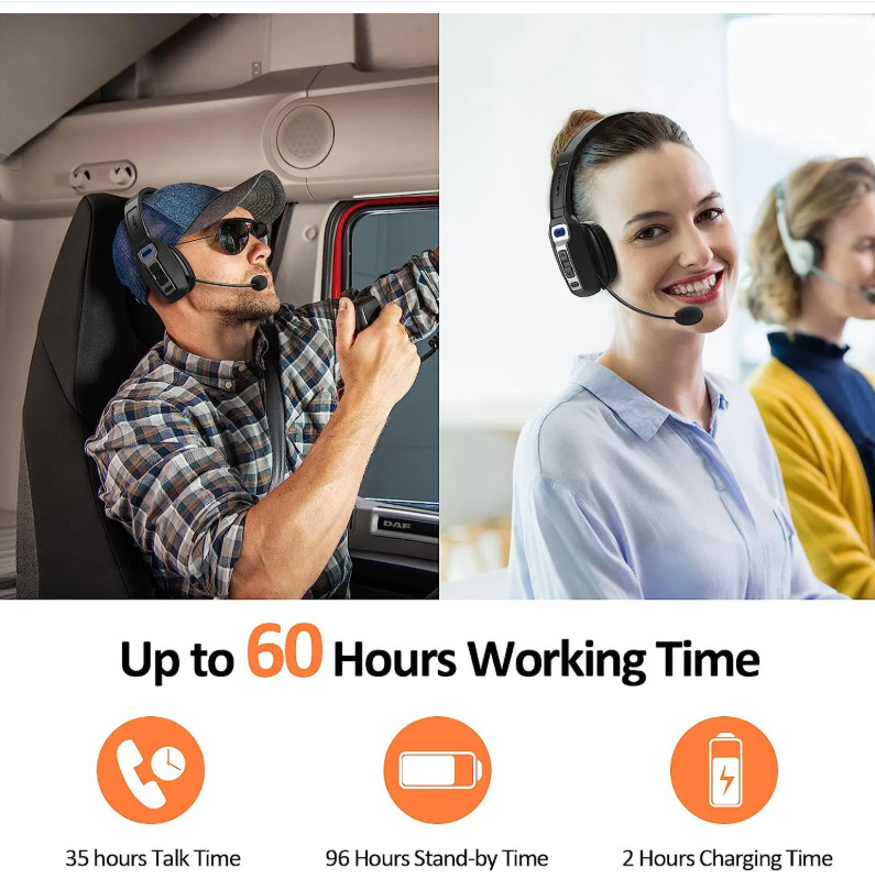 Trucker Headset Wireless Bluetooth 5.2 AI Noise Cancelling Mic For Phones PC