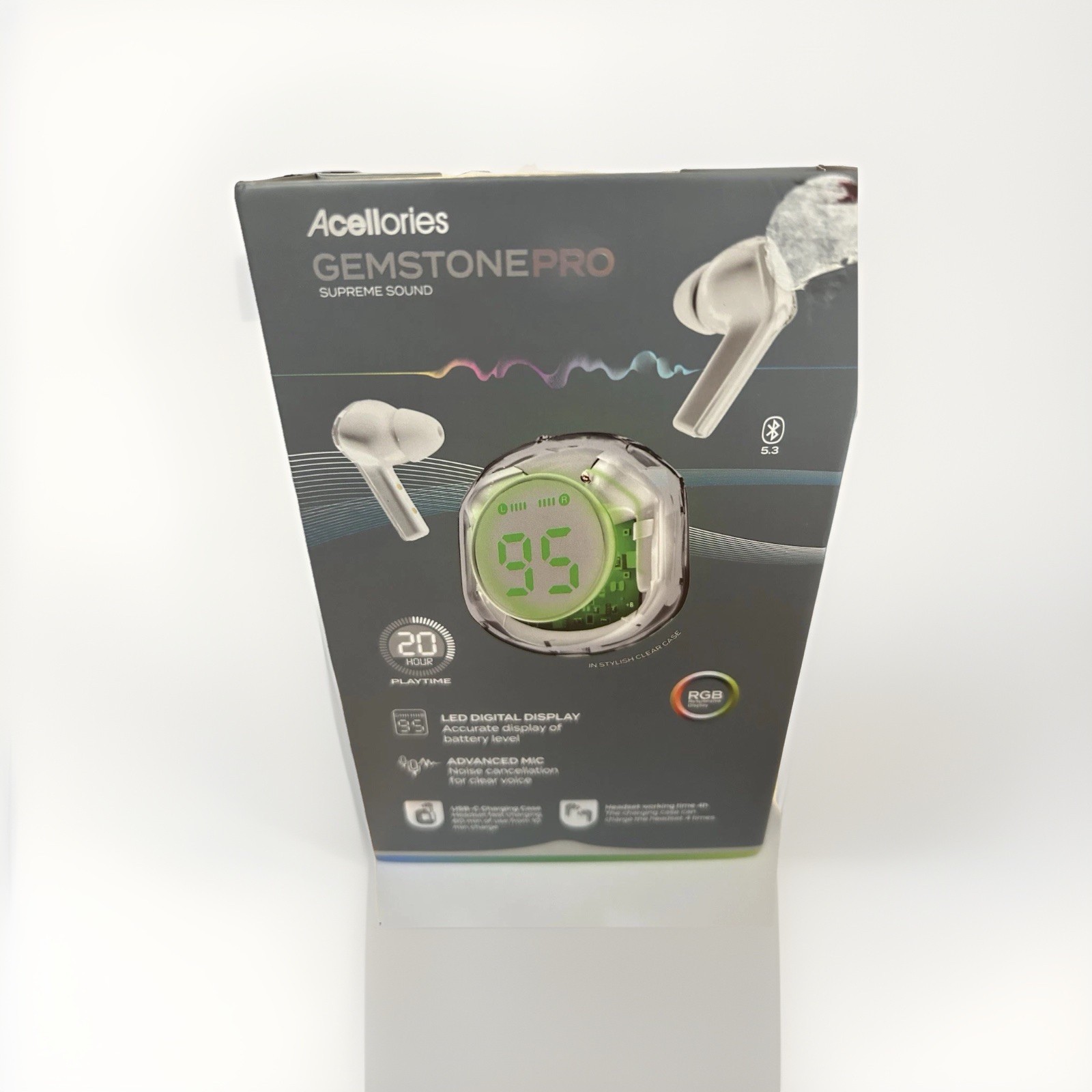 Acelloiries GemstonePro LED Digital Display Earbuds 20 Hours of Playtime White