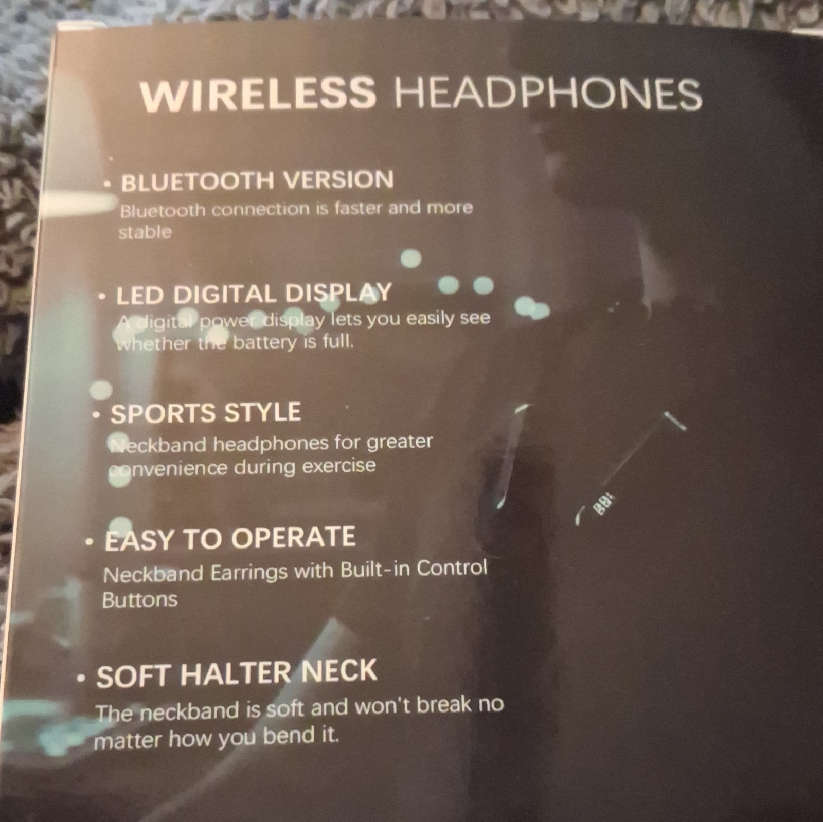 Bluetooth Wireless Neckband In-Ear Earbuds, Black, LED Digital Display, Double